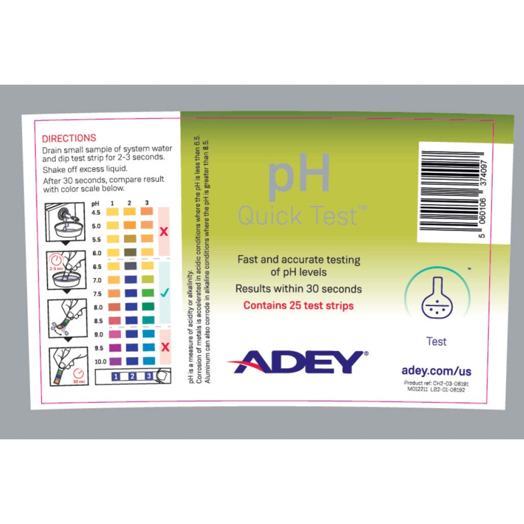 Adey Quick Test pH Strips - Fast, Accurate pH Monitoring for Hydronic Heating | Prevent Corrosion, User-Friendly, Durable, NSF Certified | 25/Canister