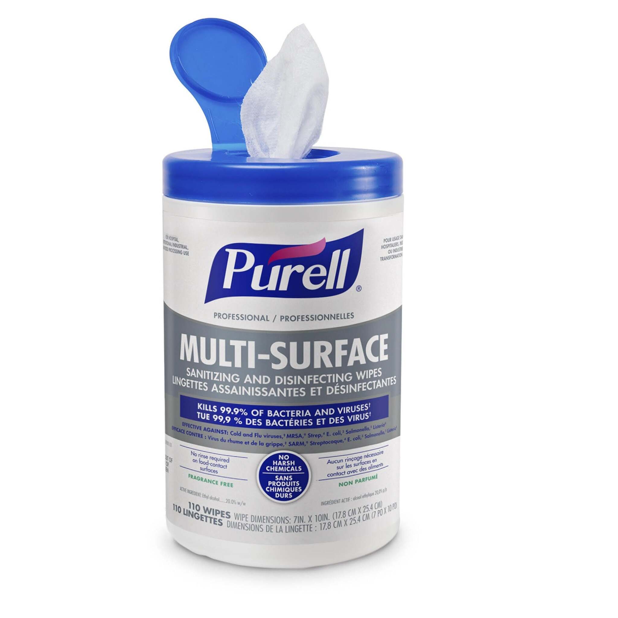 Purell Professional Advanced Multi-Surface Sanitizing & Disinfecting Wipes - 110 Count Canister, Large 7" x 10" Size Wipes - Case of 6