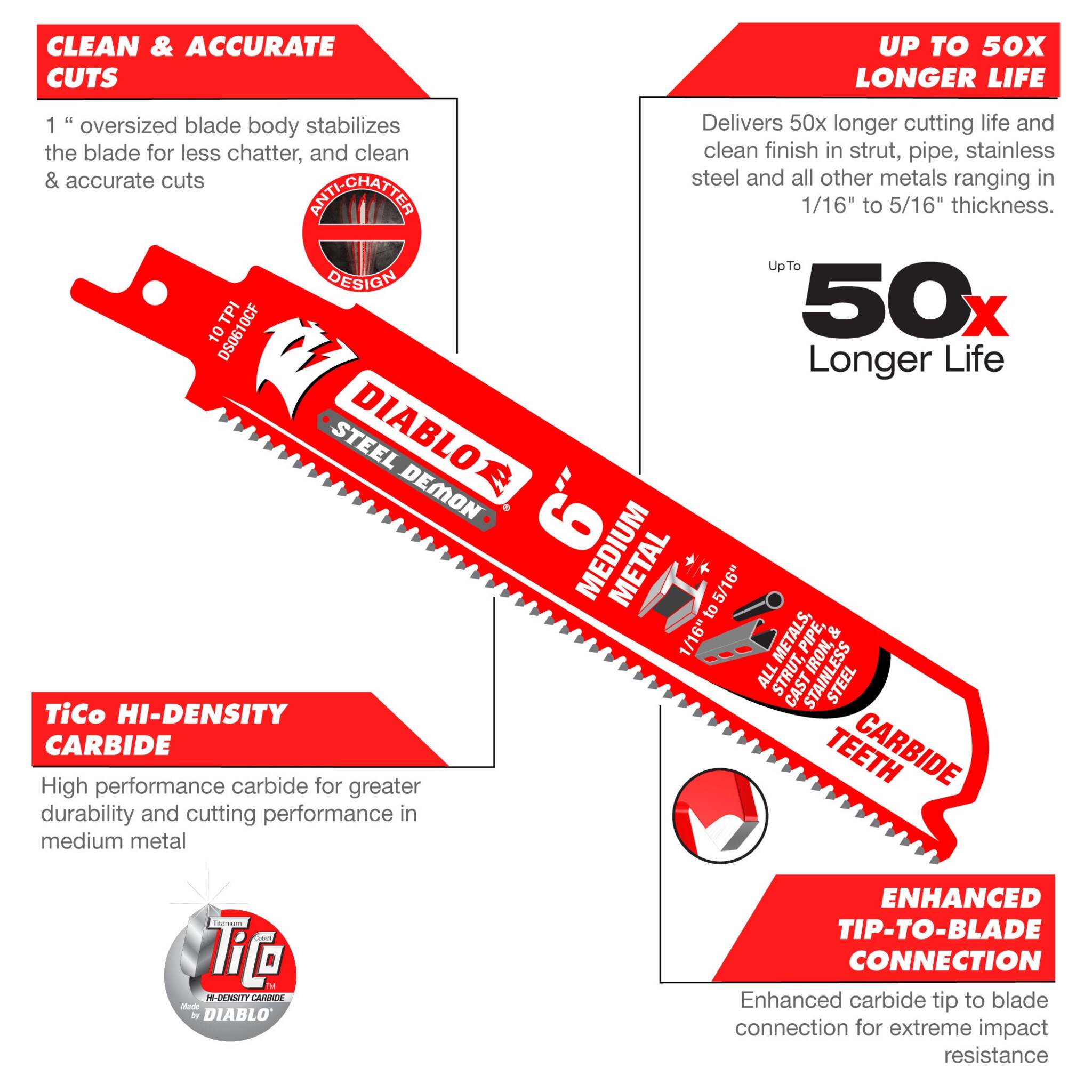 Diablo Steel Demon™ Carbide Medium Metal Receiprocating Saw Blades (For 1/16" to 5/16" Metal) - Pack of 10