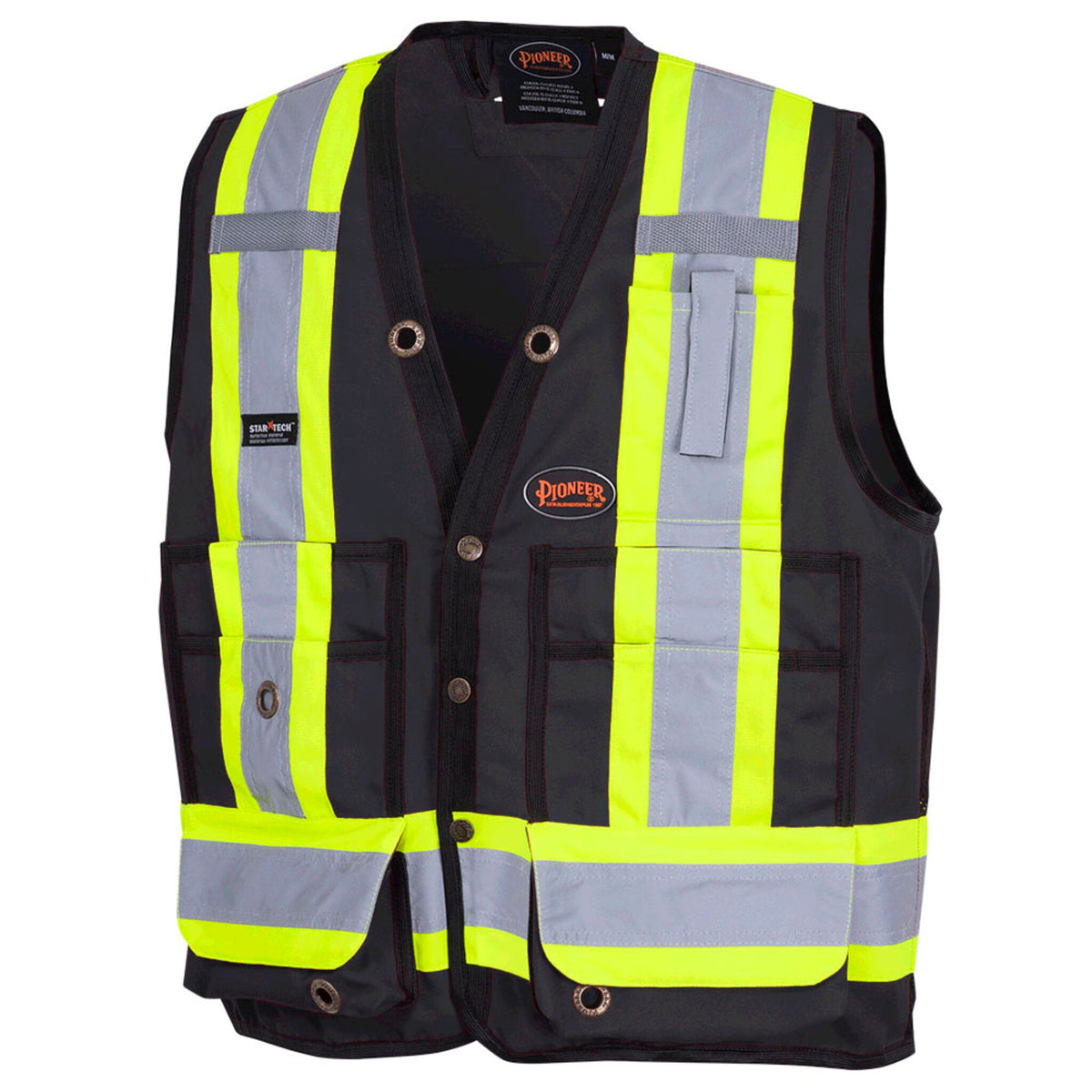 Pioneer Men's Hi Vis Safety Surveyor Vest | 150D Woven Twill Poly | CSA/ANSI Certified, StarTech Reflective, Multi-Pocket, Brass Closure (Models 6693, 6692, 6683, 6692N & 6692BK) | Sizes S–4XL - Items