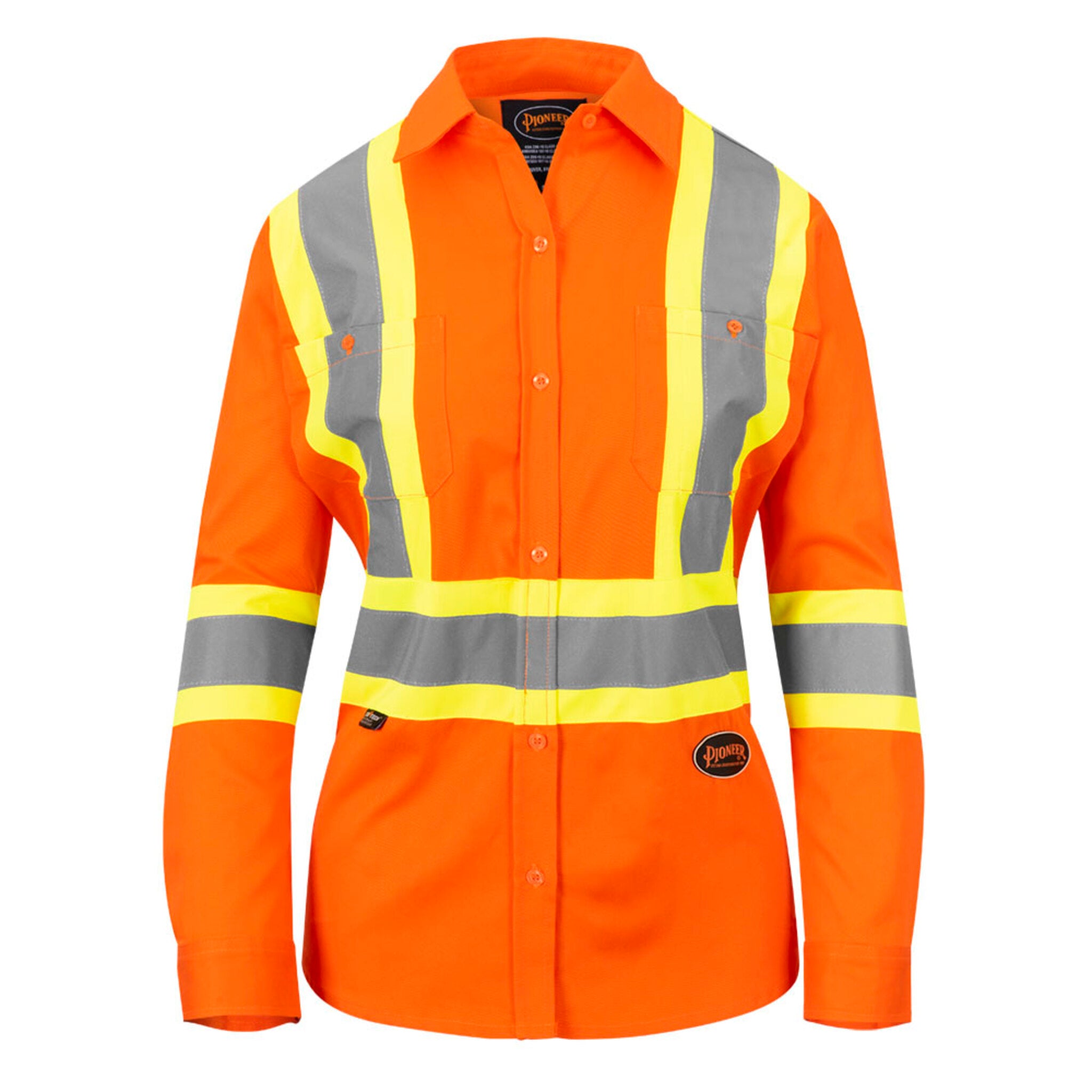 Pioneer Women's Hi-Vis Cotton Twill Long-Sleeved Safety Shirt, Button Closure, Reflective Tape – Enhanced Visibility & Comfort for Work | Sizes XS-4XL