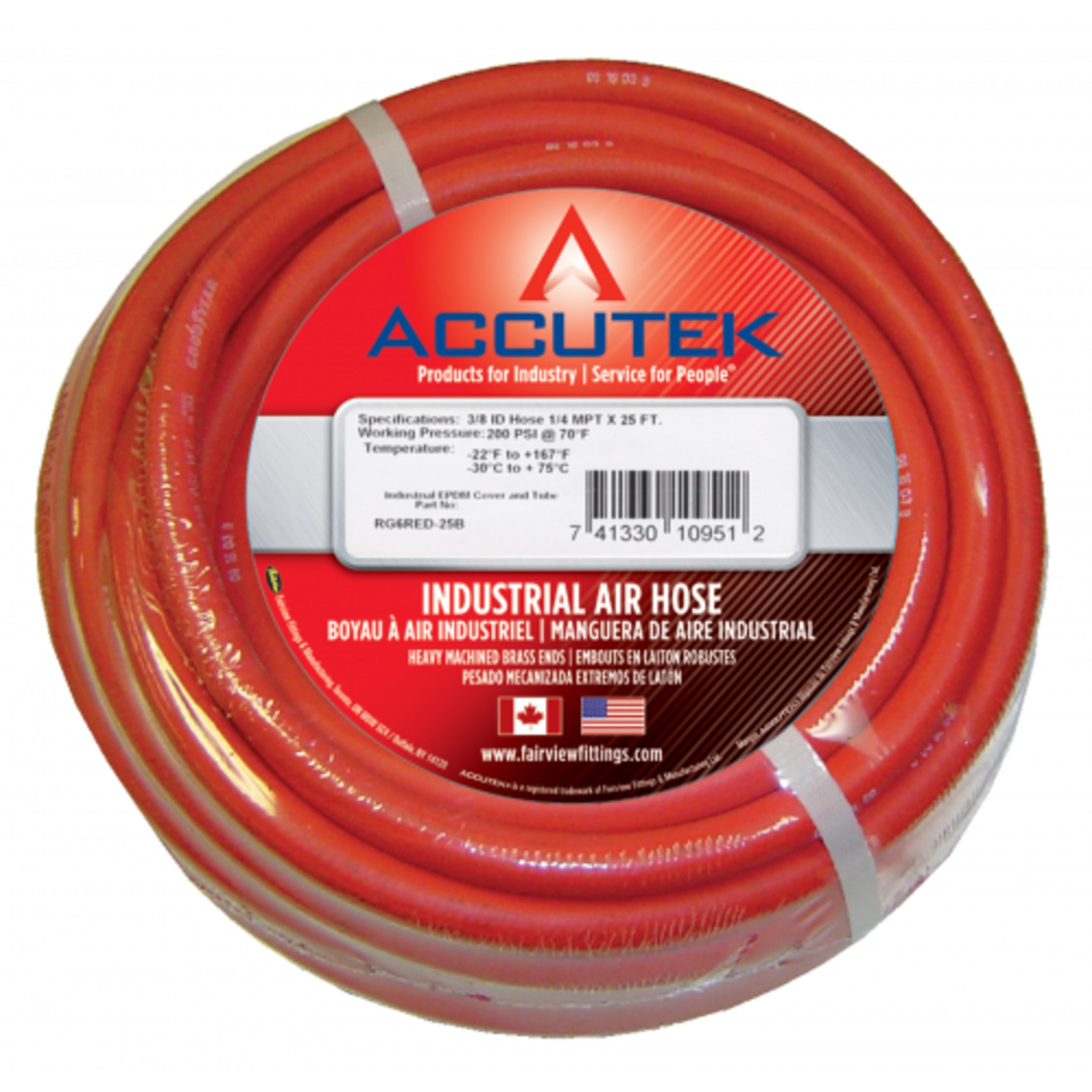 Accutek Premier Red Nitrile Rubber Air Hose Assemblies | Oil Resistant, Cold Weather Flexible, Non-Conductive, 250 PSI, Spiral Synthetic Yarn, -20°F to +190°F