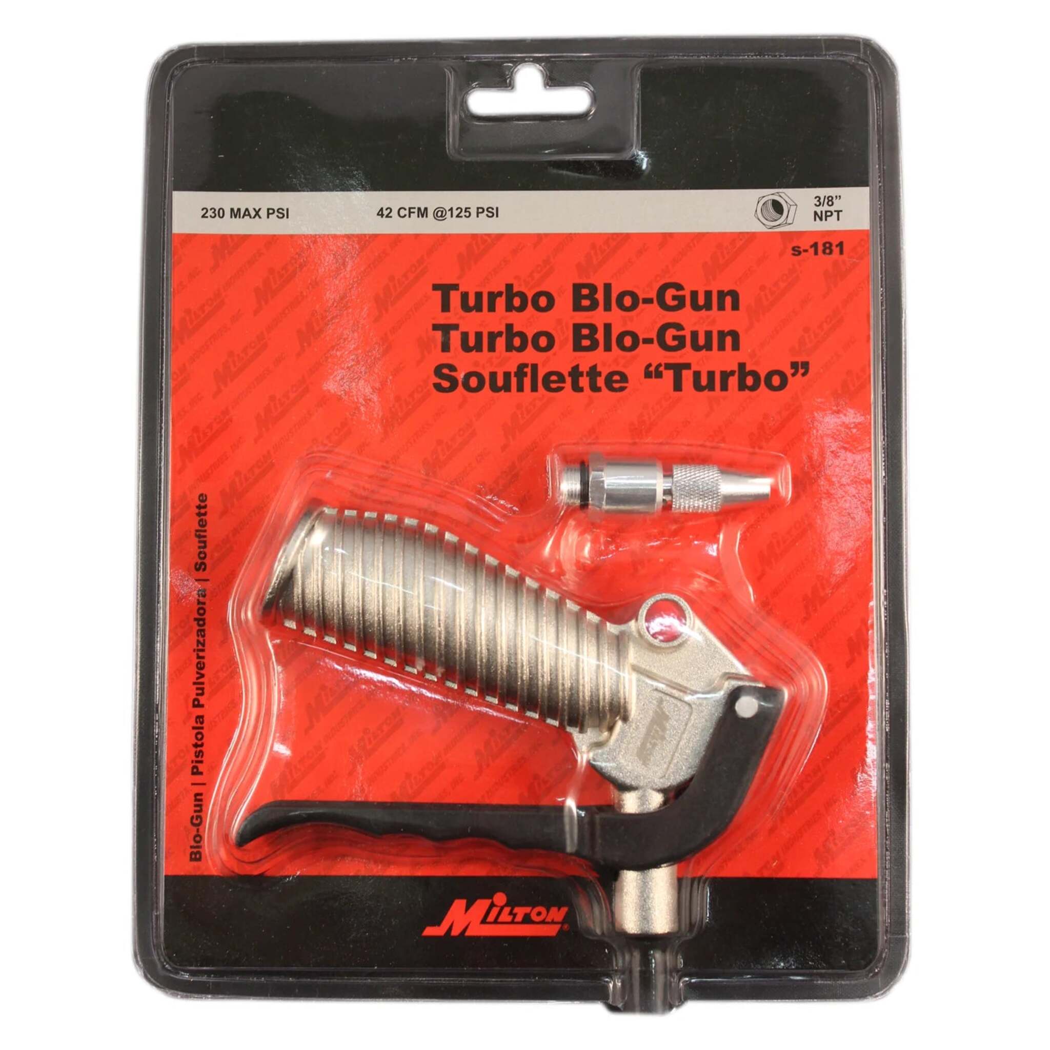 Milton Turbo Pistol Grip Blow Gun - Adjustable Nozzle, 42 CFM, 230 PSI, OSHA Safety Certified, Durable Aluminum, 3/8" NPT, High-Volume Airflow (S-181)