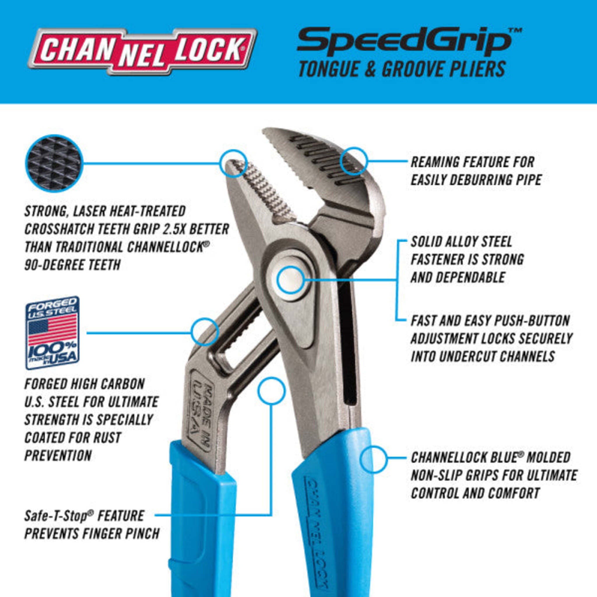 CHANNELLOCK SpeedGrip Push Button Tongue & Groove Pliers - Forged Carbon Steel, Rust Resistant, Laser Heat-Treated Teeth, SAFE-T-STOP, Comfort Grips