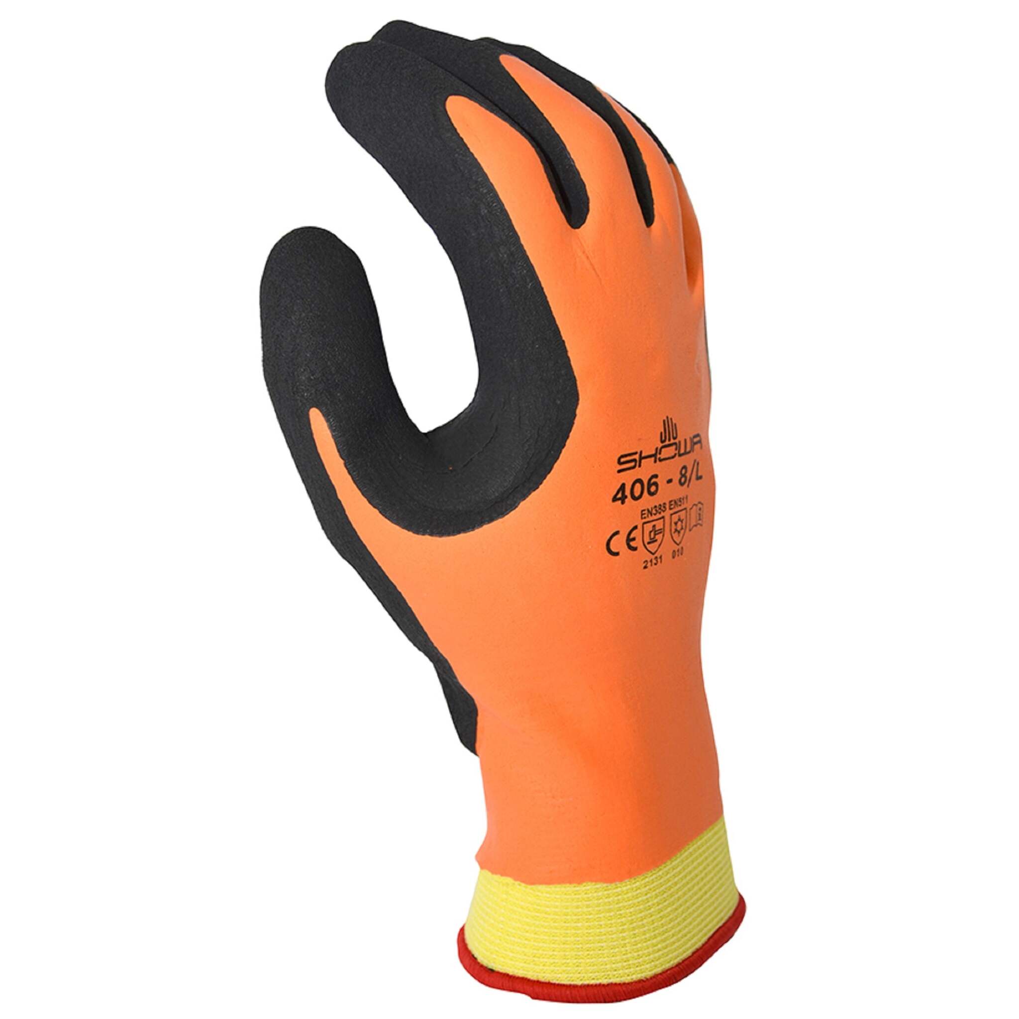 SHOWA 406 Orange Foam Latex Thermal Lined Gloves | Water-Resistant, High-Visibility, Cold Protection | Enhanced Grip for Wet Conditions