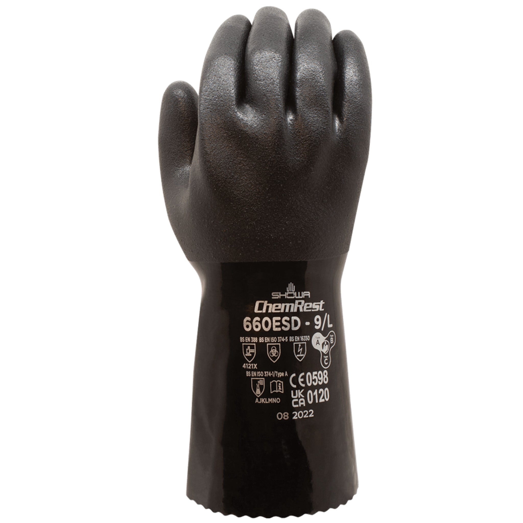 Showa 660 ESD Anti-Static Black PVC Gauntlet Gloves | Oil & Chemical Resistant | Triple-Dipped Protection | 12" Length | Pack of 12 Pairs | Ergonomic