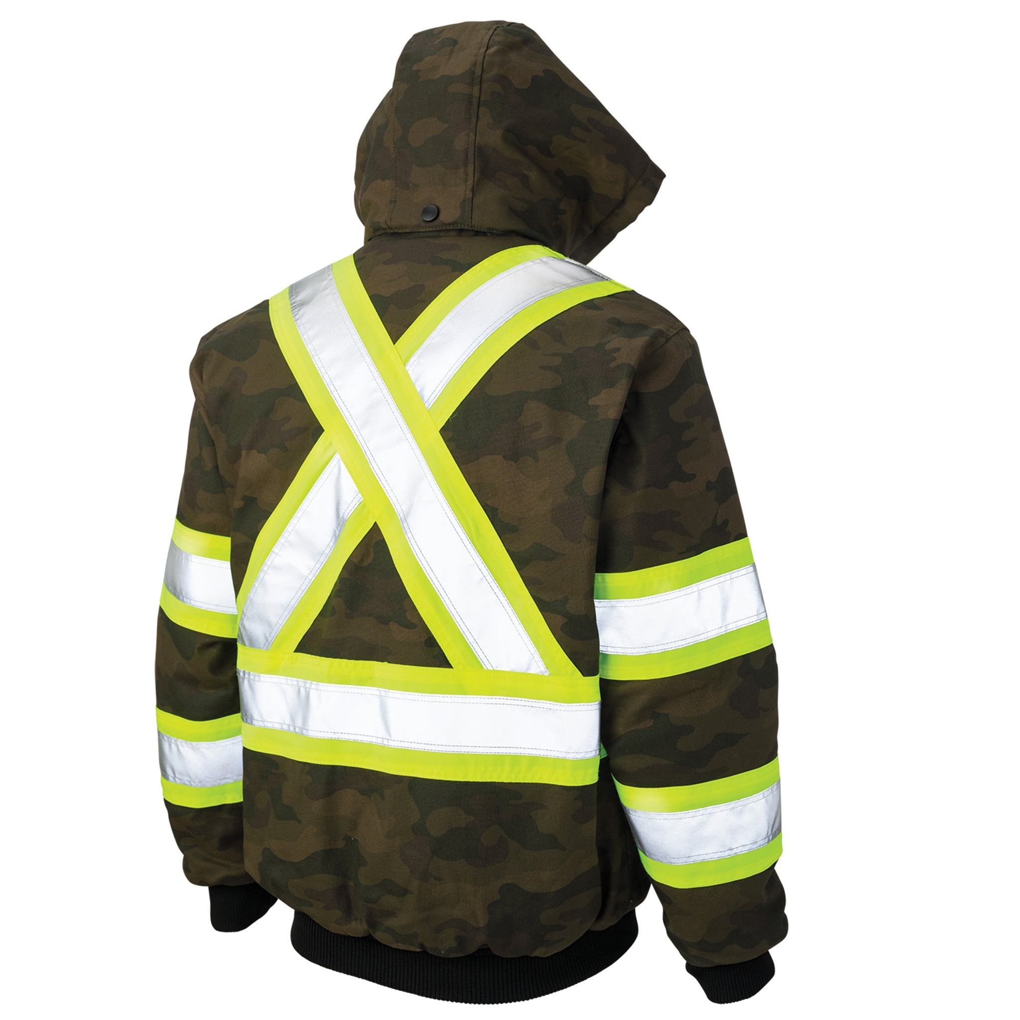 Tough Duck Men's Camo Hi Vis Bomber Jacket SJ32 - Cotton/Flex Duck, Water Repellent, Reflective, Insulated, Quick Release Hood, Multi-Pocket, Durable Workwear | Sizes S-5XL