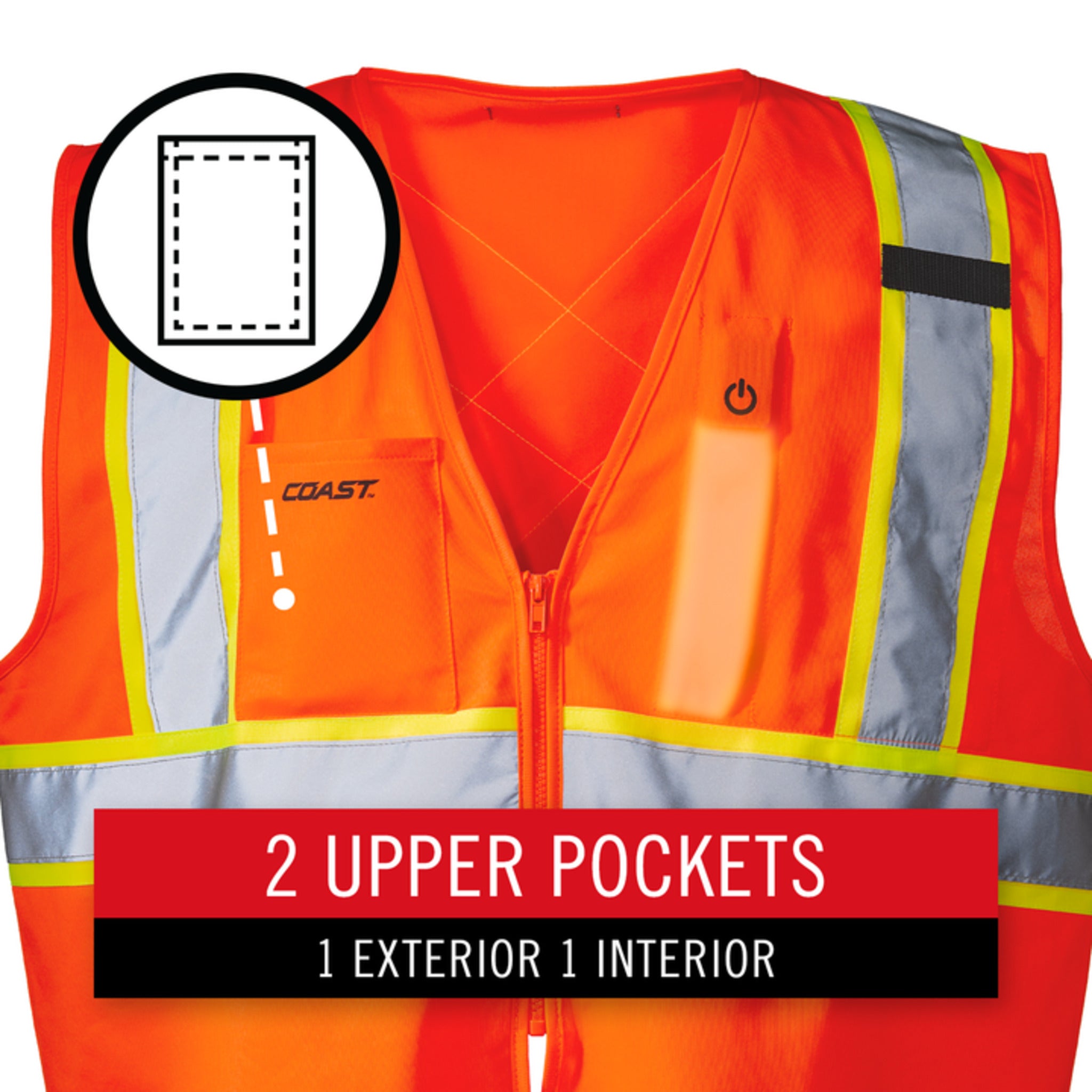 Coast® SV350 Hi-Vis X-Back Lighted Safety Vest - ANSI Class 2, Rechargeable LED Strip, Dual Light Modes, Reflective Tape, Multiple Pockets