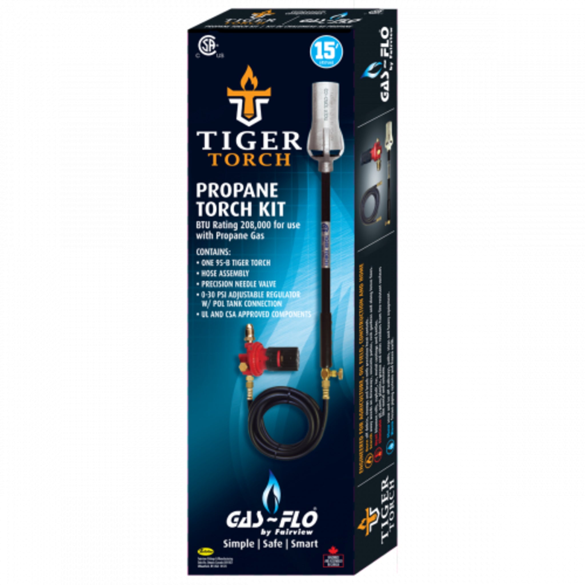 Tiger Torch 95-B Propane Torch Kit with Cast Iron Head, Adjustable 208,000 BTU, 30 PSI Regulator - Available with 15-Ft Hose