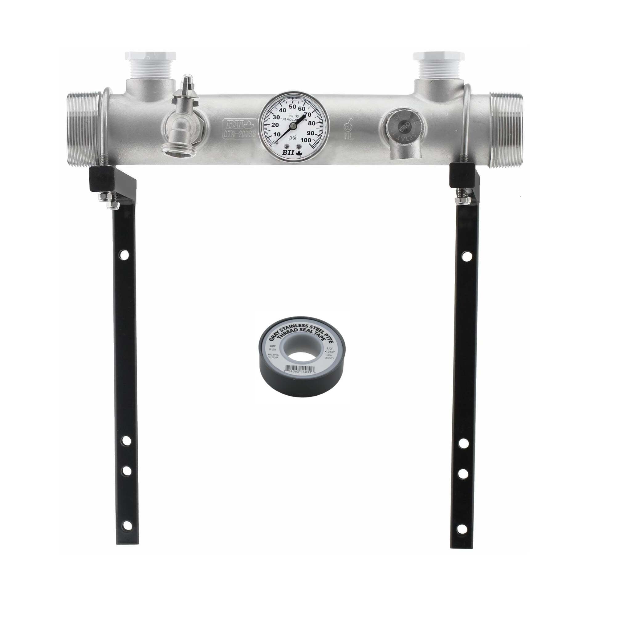 Stainless Steel Pressure Tank Manifold Kit with Wall Bracket & SS Hardware | Universal Fit, Incl Pressure Relief Valve & Sediment Tap, Durable Design