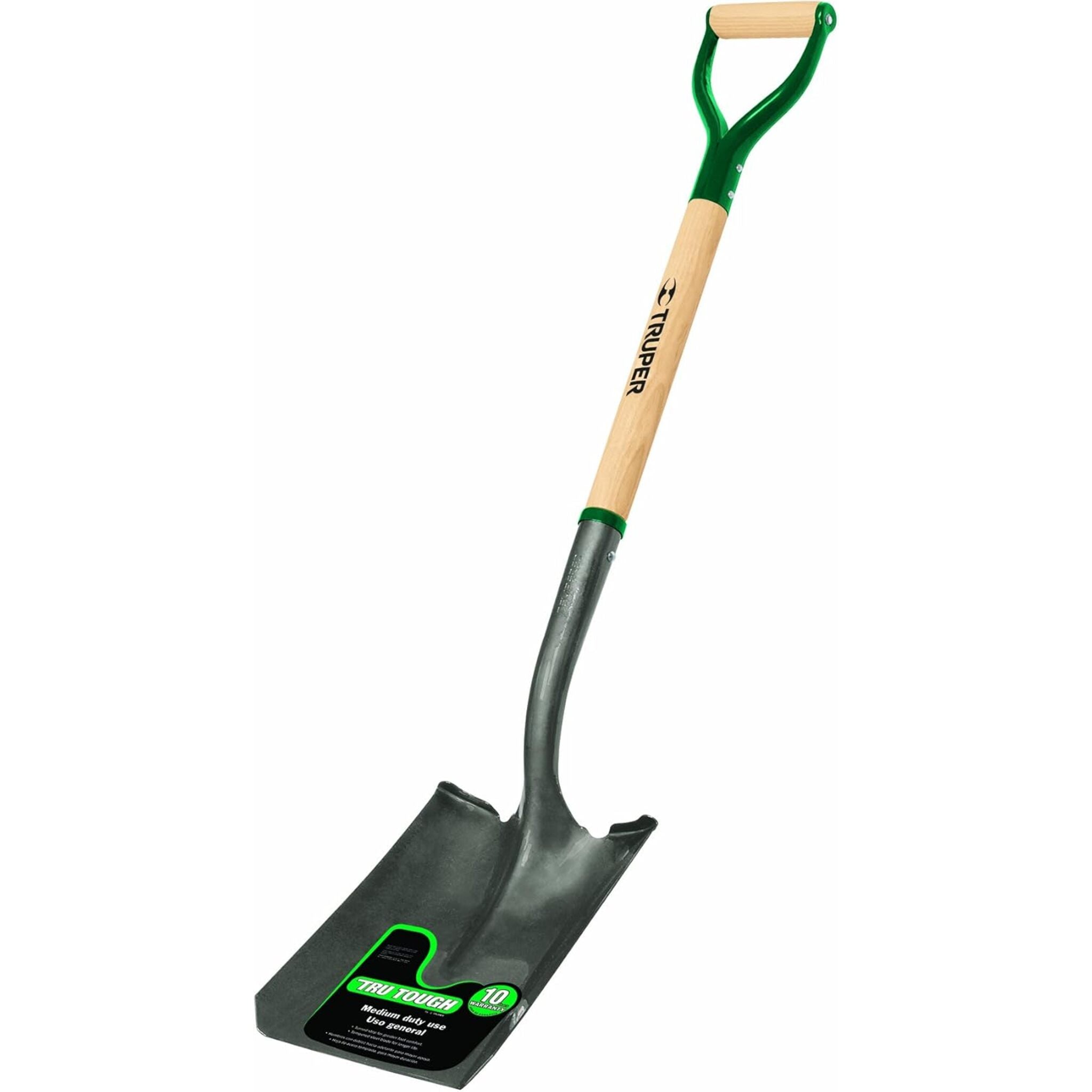 Truper Tru Tough Square Blade Shovel with 30" Wood Handle, Steel D-Grip - EZ Digger Steps, Reinforced Collar, 10 Year Warranty, Professional Grade