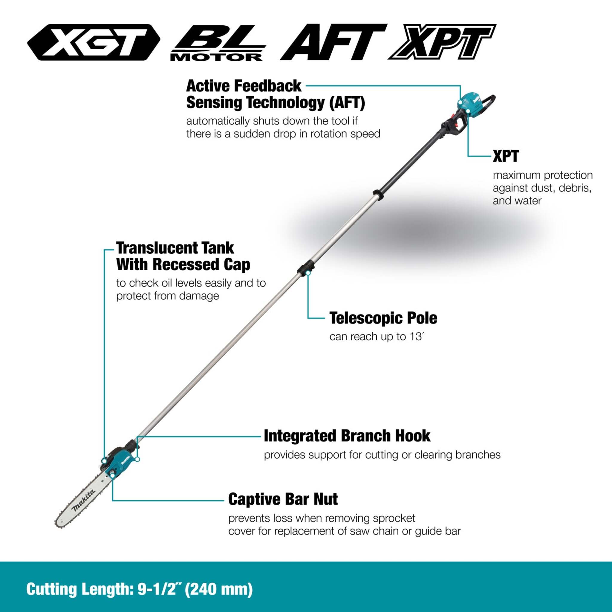 Makita 40Vmax XGT Brushless 10" Telescopic Pole Chainsaw Kit - 13' Reach, 4.0Ah Battery, Rapid Charger, Slim Head, Branch Hook, Accessories Included