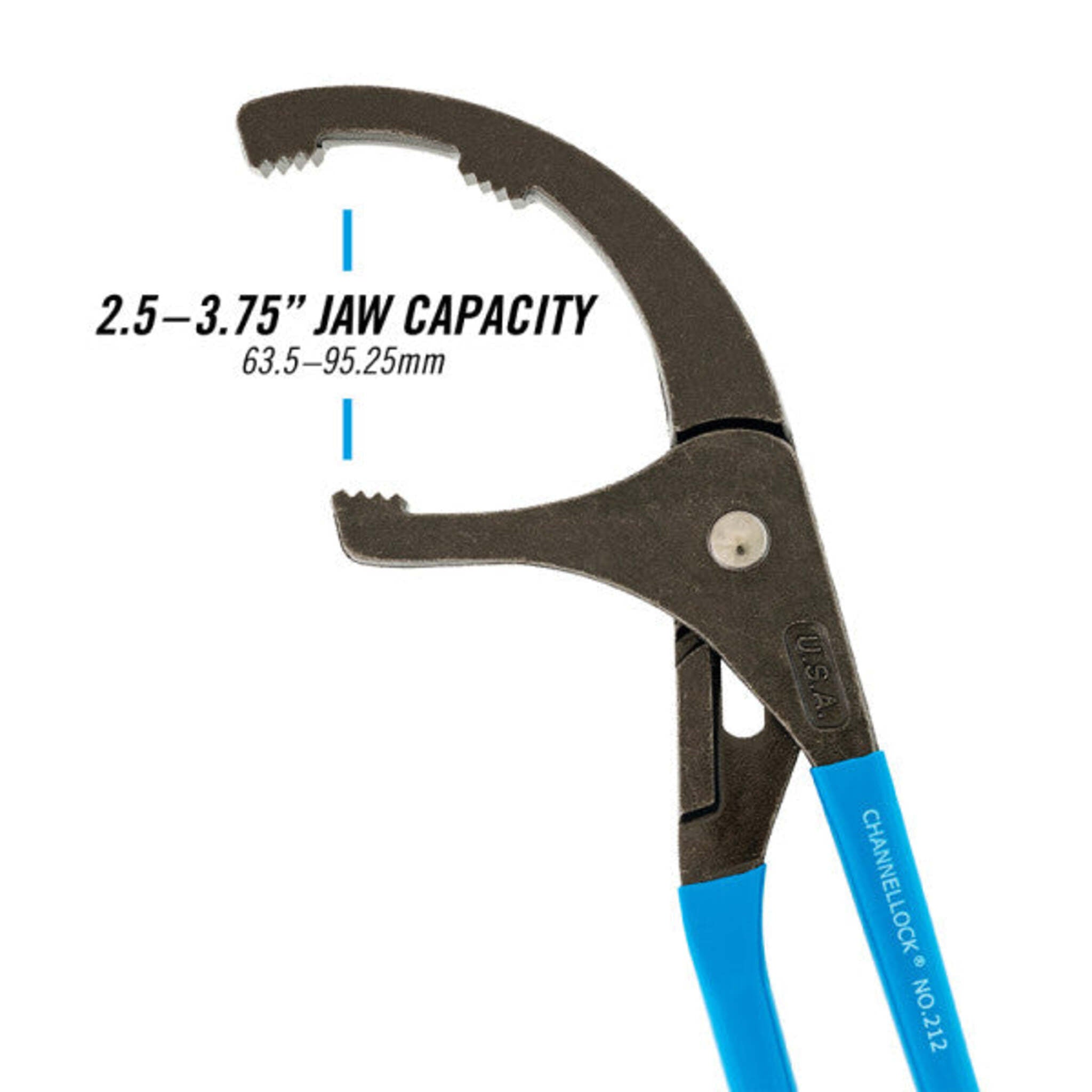 CHANNELLOCK 212 Oil Filter/PVC Pipe Fitting Pliers - 2.5" to 3.75" Jaw Capacity, High Carbon Steel, Rust Resistant, PERMALOCK Fastener, SAFE-T-STOP