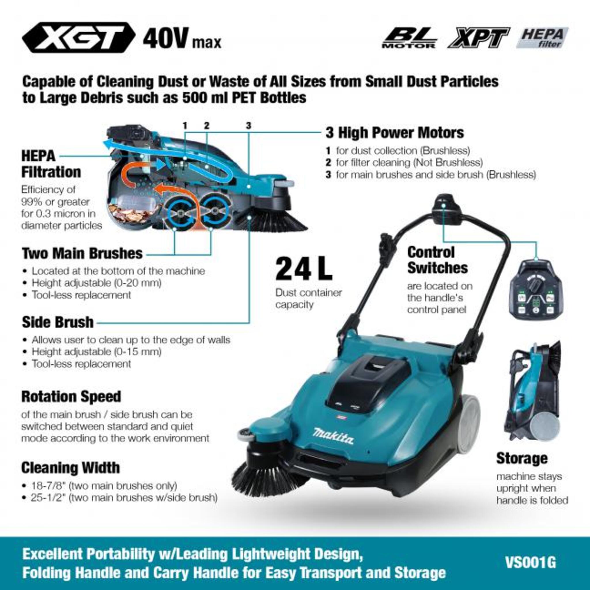 Makita 40Vmax XGT Brushless 24L HEPA Vacuum - Cordless, Tool Only, L-Class Filtration, Dual Brushes, Long Runtime, Adjustable for Indoor/Outdoor Use