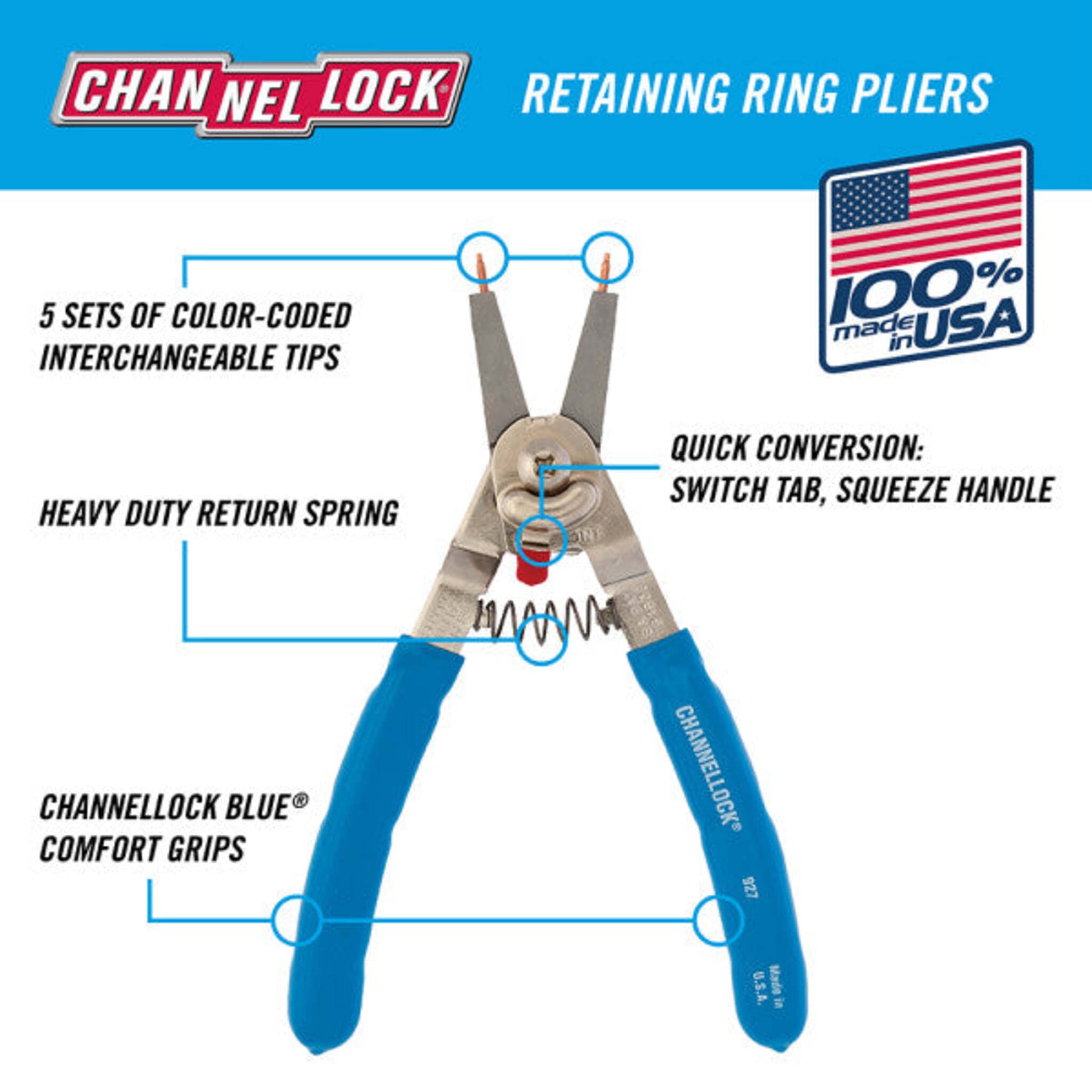 CHANNELLOCK 8-Inch Convertible Retaining Ring Pliers with 5 Interchangeable Tips - Quick Conversion, Durable Return Spring, Broad Ring Diameter Range