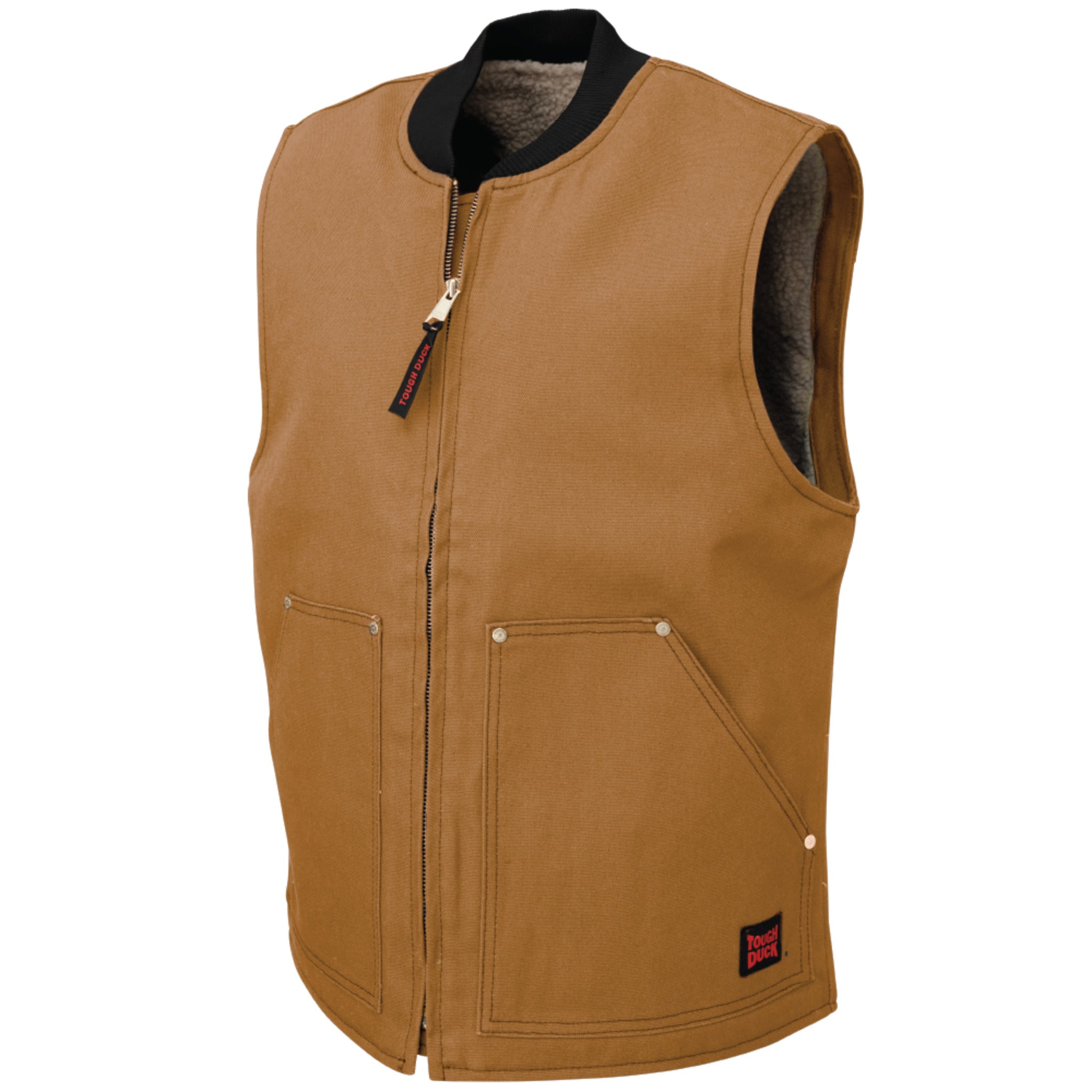 Tough Duck Men's Work Vest WV06 Cotton Sherpa Lined 12 oz Premium Duck, Water Repellent, Rib Knit Collar, Brass Zipper, Versatile and Durable | Sizes S-3XL