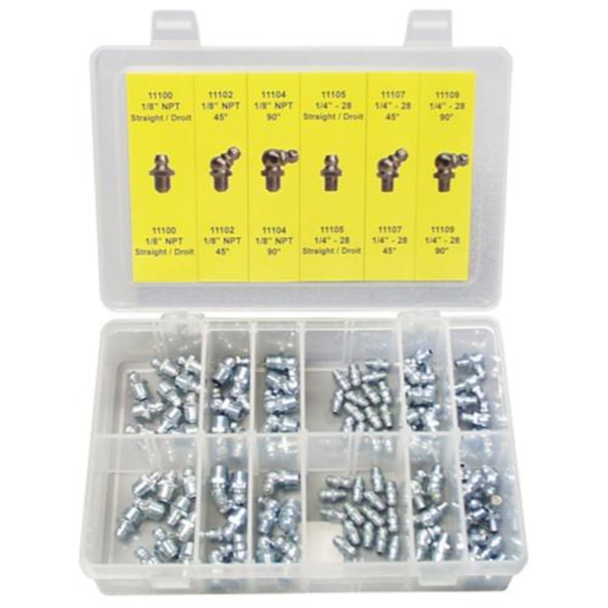 Dynaline 110-Piece Metric Grease Fitting Assortment | High-Quality, Durable Fittings in 9 Popular Sizes with Organized Storage Case