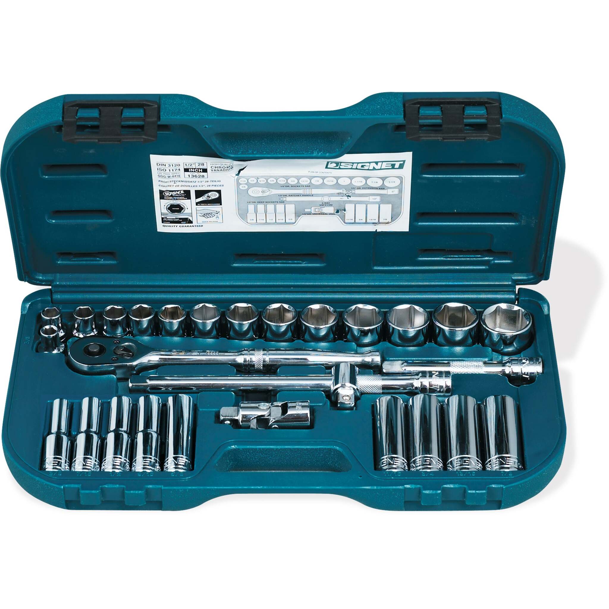 Signet 1/2" Drive 28 Piece SAE Socket Set | 3/8" - 1 1/4" Regular | 3/8" - 7/8" Deep Mechanic Tools - Cleanflow