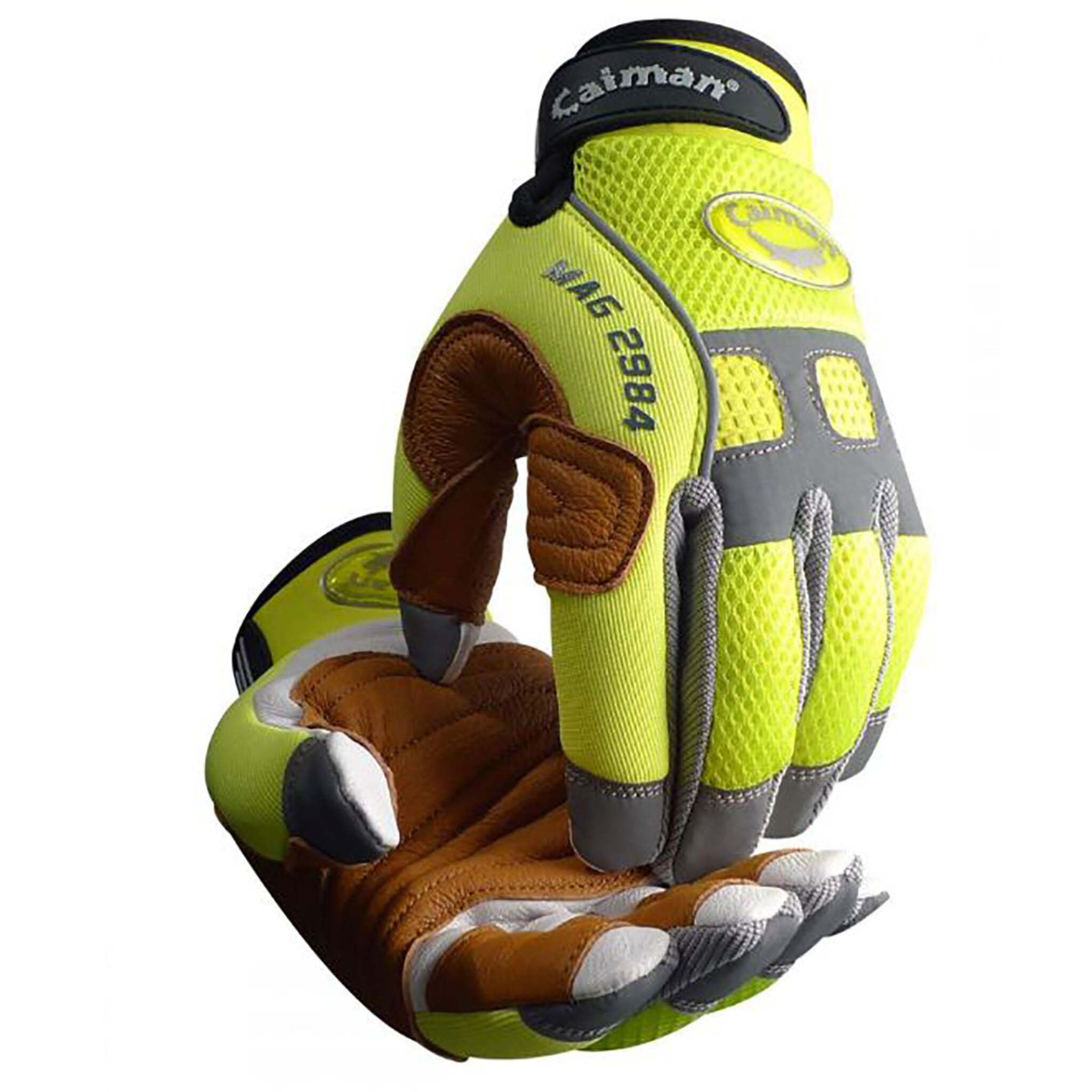 Caiman® 2984 Goat Grain Hi-Vis Mechanic's Gloves - Comfortable, Durable Leather Palm, Reflective Tape, Pinch'd-Tip™ Fingers, Neoprene Knuckle Protection