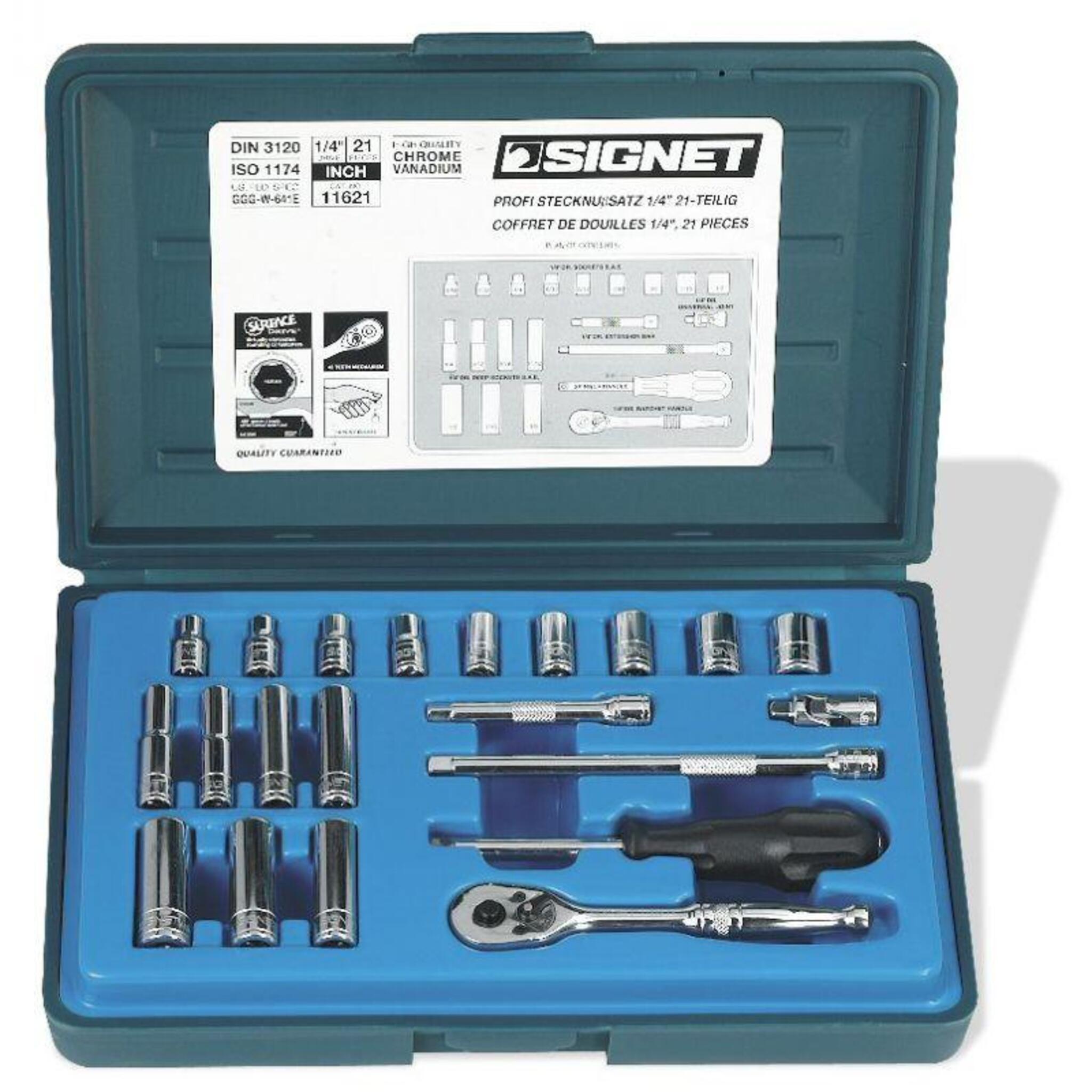 Signet 1/4" Drive 21 Piece SAE Socket Set 3/16"-1/2" Regular | 1/4" - 1/2" Deep Mechanic Tools - Cleanflow