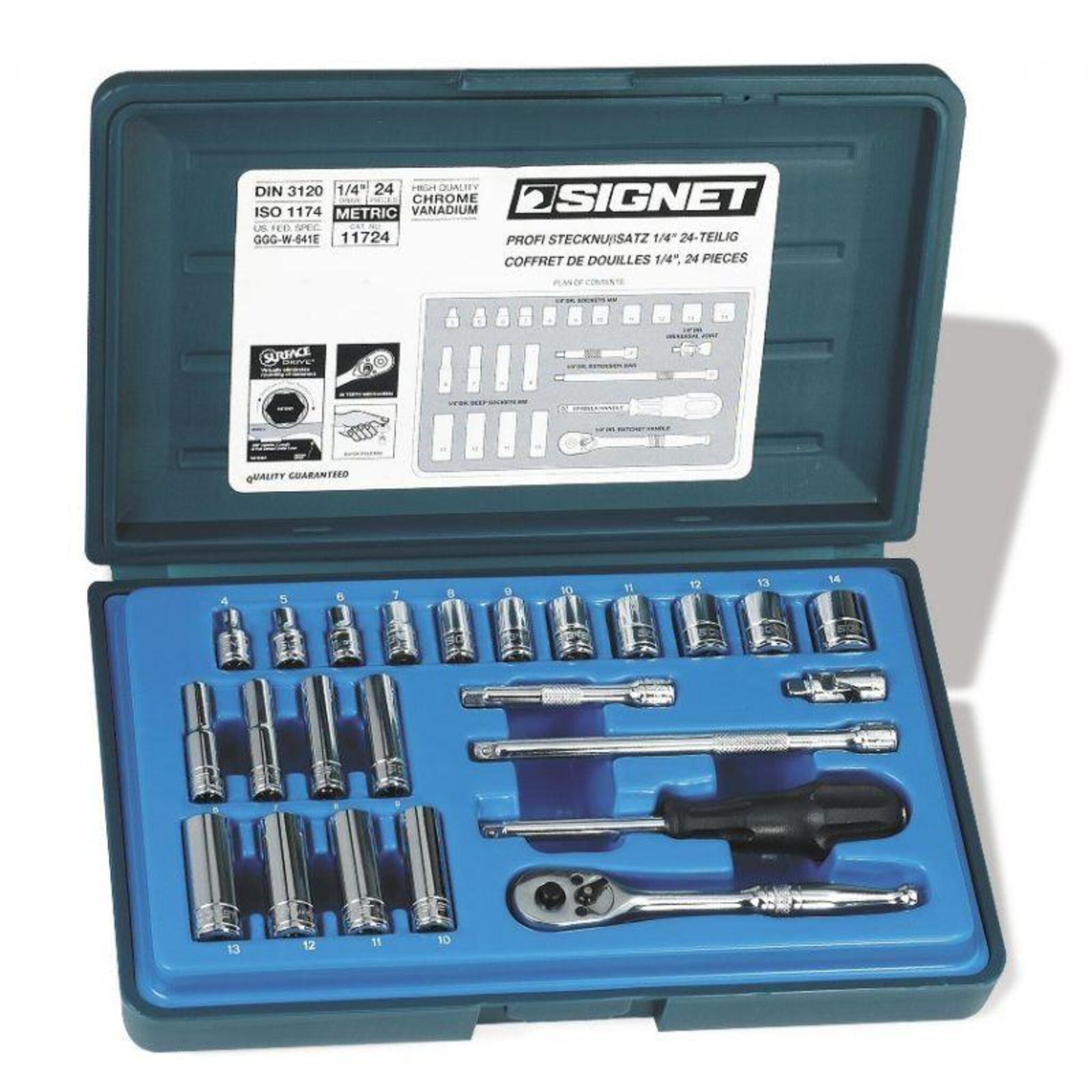 Signet 1/4" Drive 24 Piece Metric Socket Set | 4mm-14mm Regular | 6mm-13mm Deep Mechanic Tools - Cleanflow