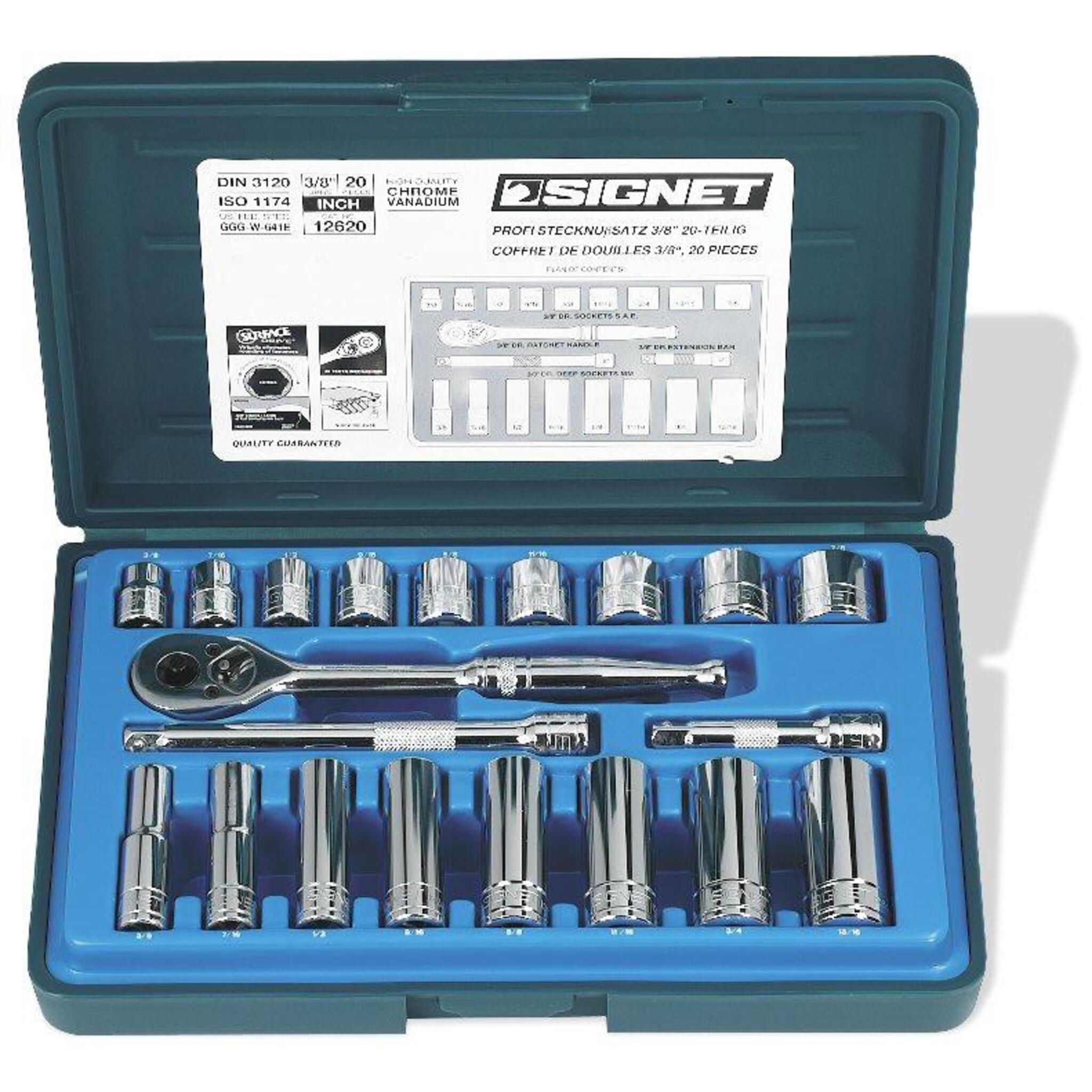 Signet 3/8" Drive 20 Piece SAE Socket Set 3/8"-13/16" Regular | 3/8" - 13/16" Deep Mechanic Tools - Cleanflow