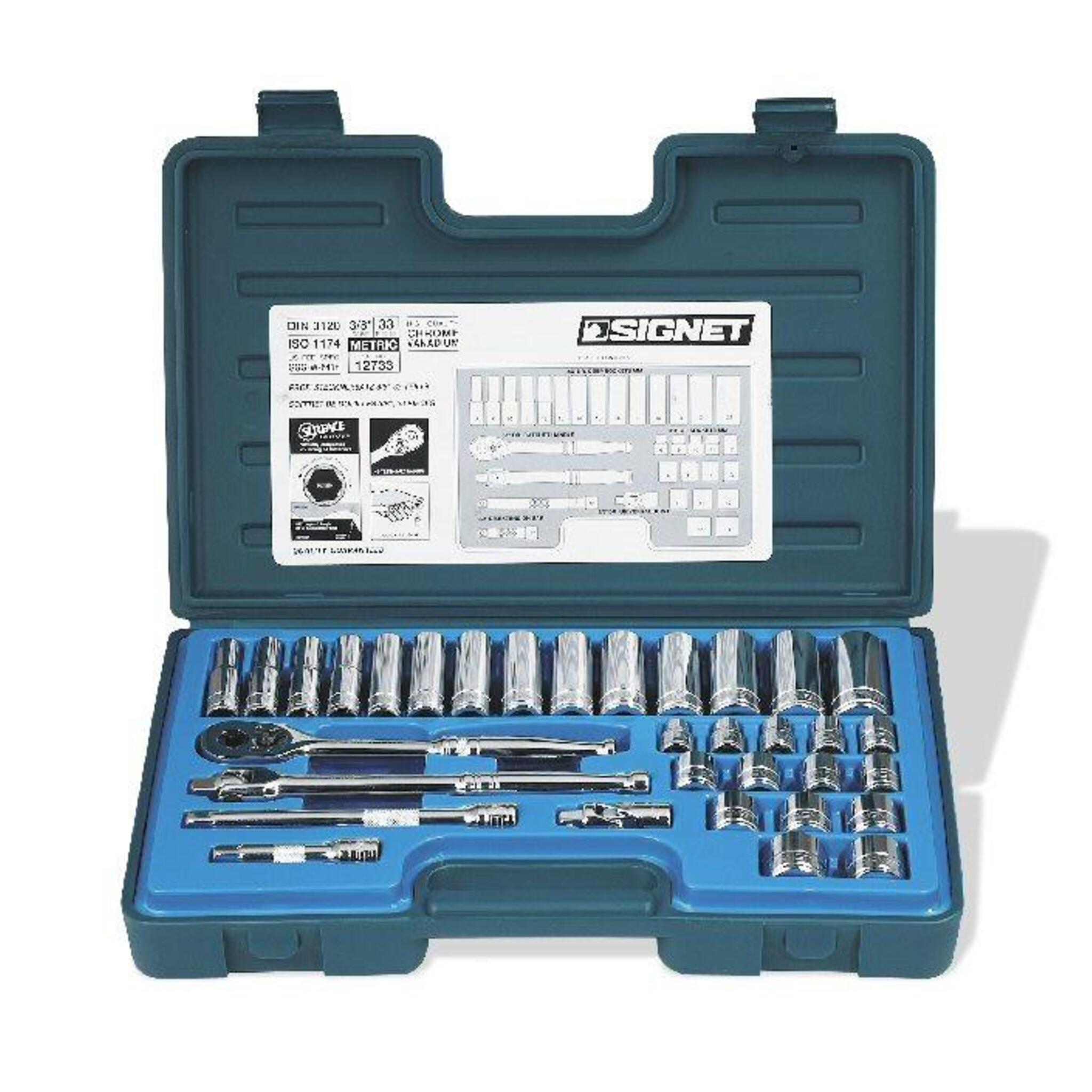 Signet 3/8" Drive 33 Piece Metric Socket Set | 8mm-22mm Regular | 8mm-22mm Deep Mechanic Tools - Cleanflow