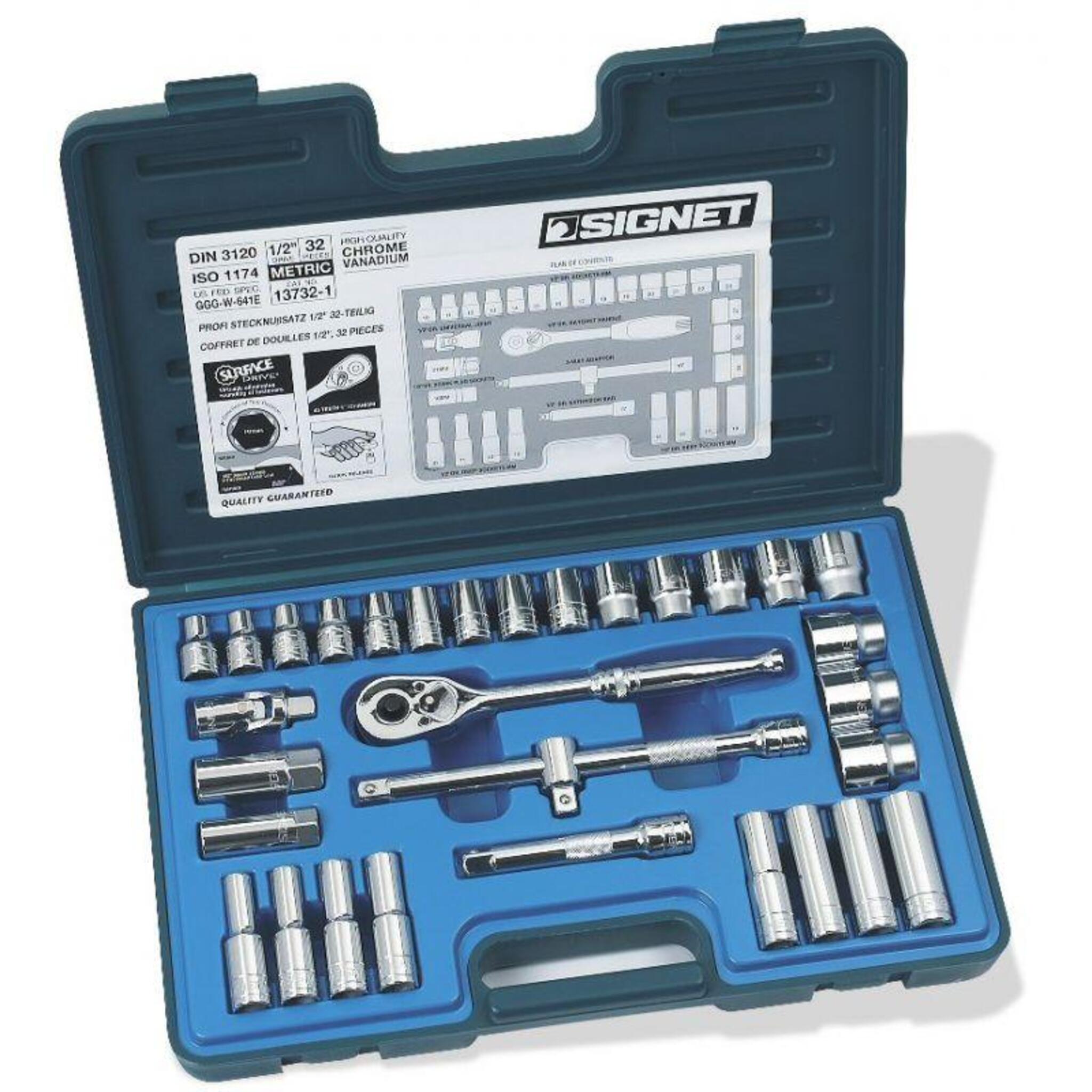 Signet 1/2" Drive 32 Piece Metric Socket Set | 10mm-32mm Regular | 10mm-19mm Deep Mechanic Tools - Cleanflow