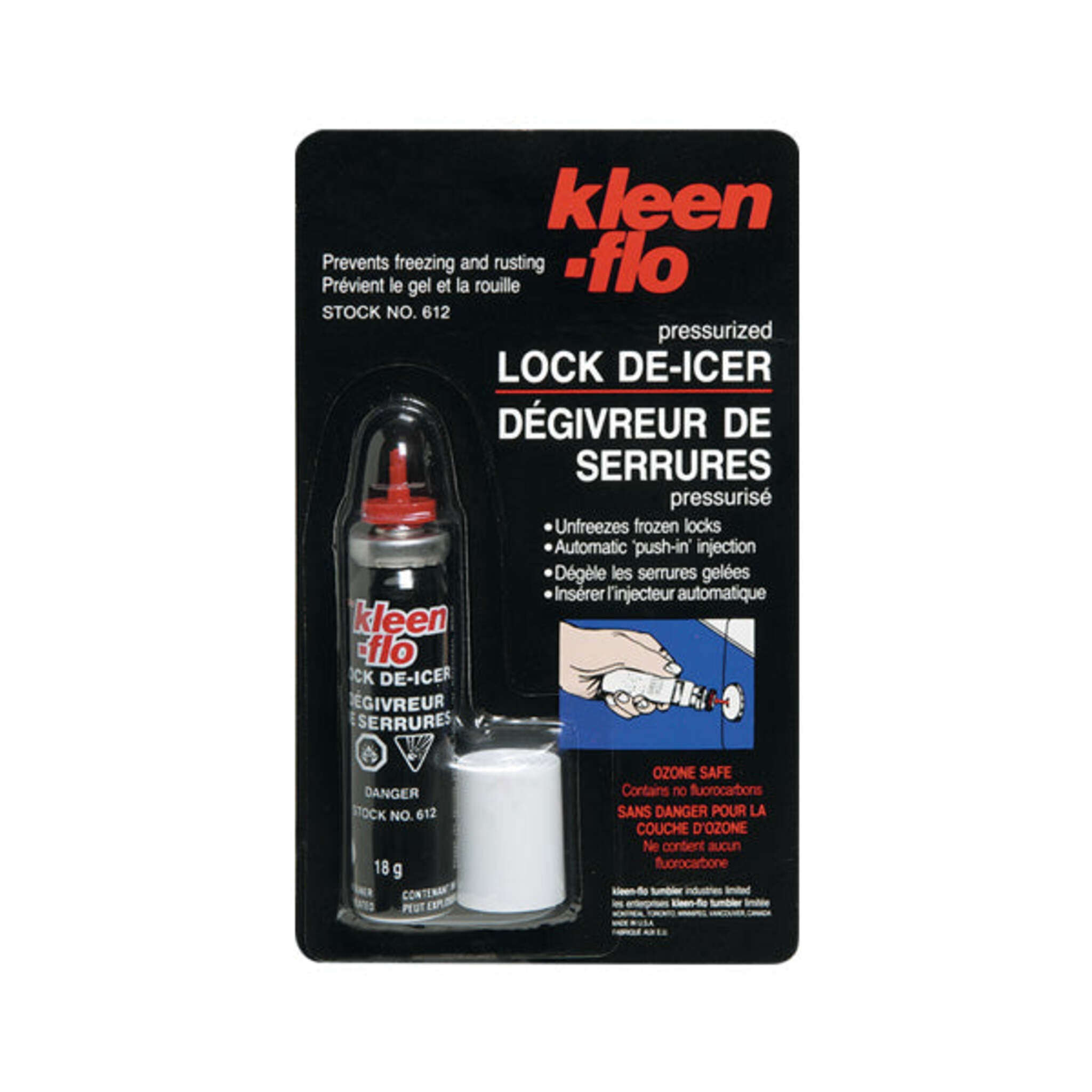 Kleen-Flo Lock De-Icer - Instant Lock De-Freezing and Lubrication, Safe on Finishes, Weather-Resistant, Effective Year-Round | 18g Can - Case of 24