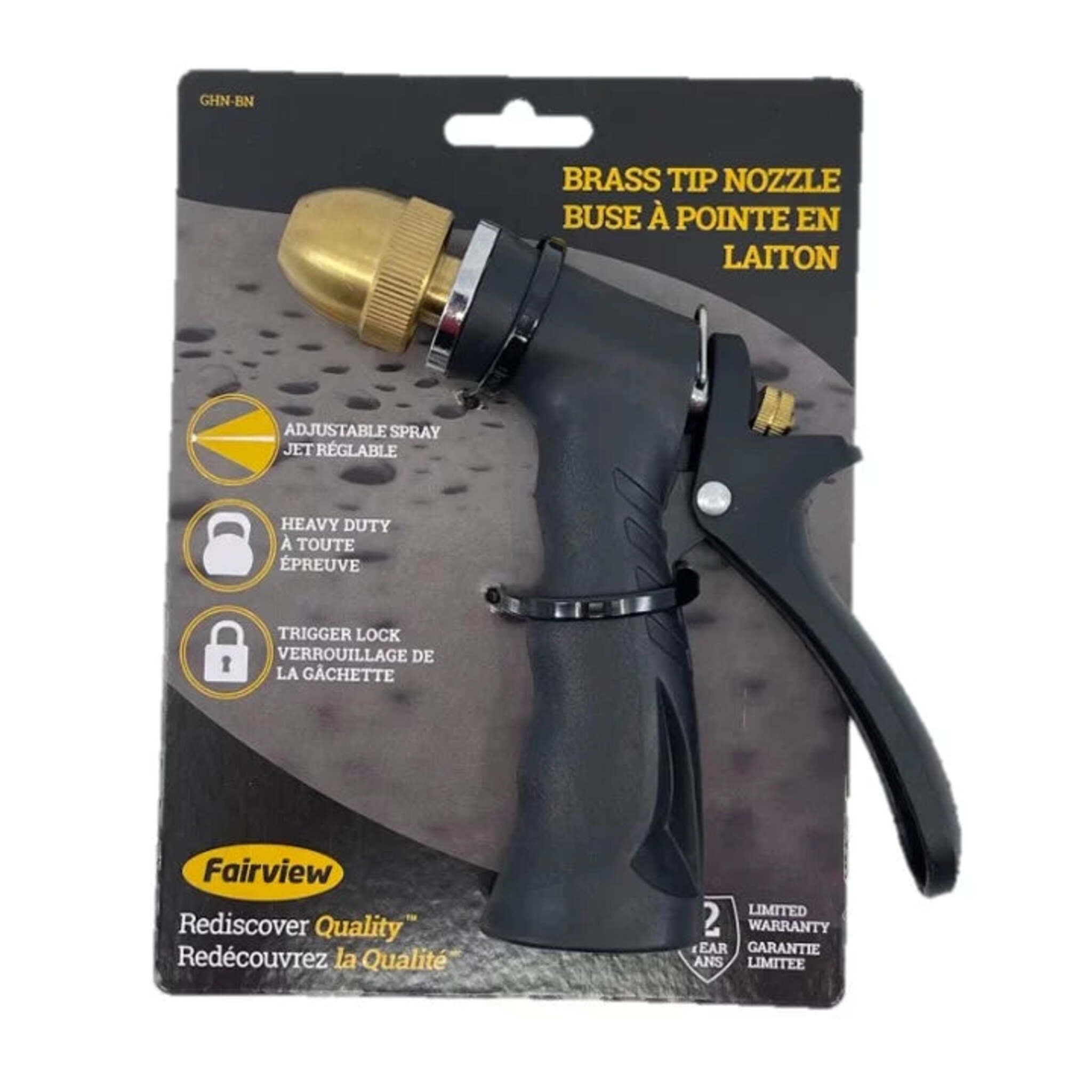 Fairview Brass Tip Garden Hose Nozzle with Molded Rubber Grip, Adjustable Spray, Durable Brass Components, Built-In Trigger Lock, Multi-Use Design