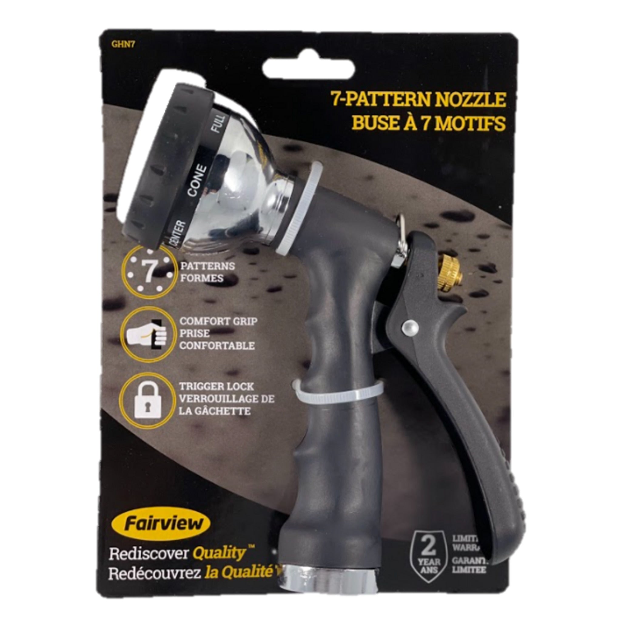 Fairview 7-Pattern Garden Hose Nozzle with Ergonomic Molded Rubber Grip, Adjustable Spray, Metal Nut, Built-In Trigger Lock, Versatile Watering Tool