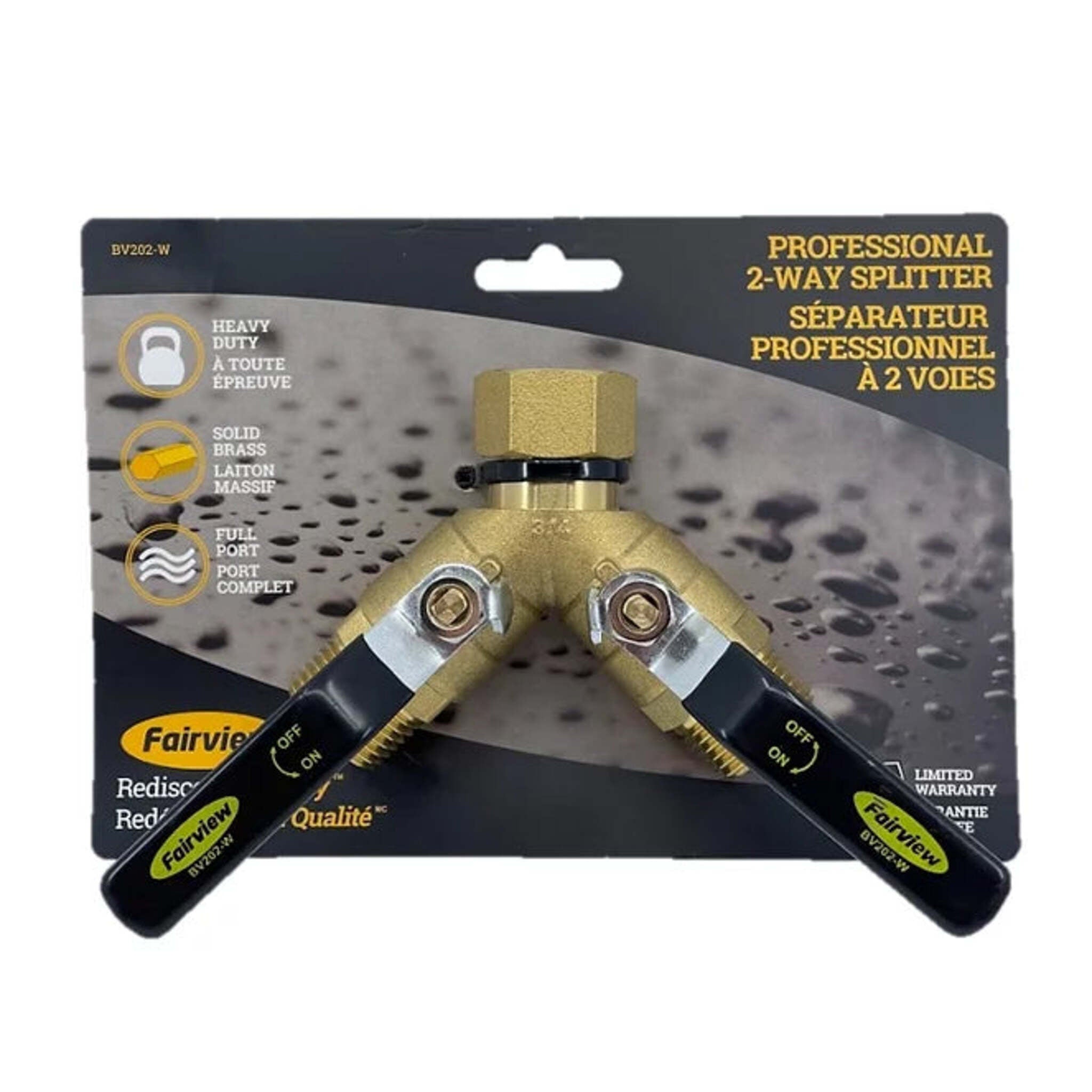 Fairview Professional 2-Way Brass Garden Hose Splitter with Full-Port Design, Long User-Friendly Handles, Highly Durable, 200 PSI, Temp -40°F to 190°F