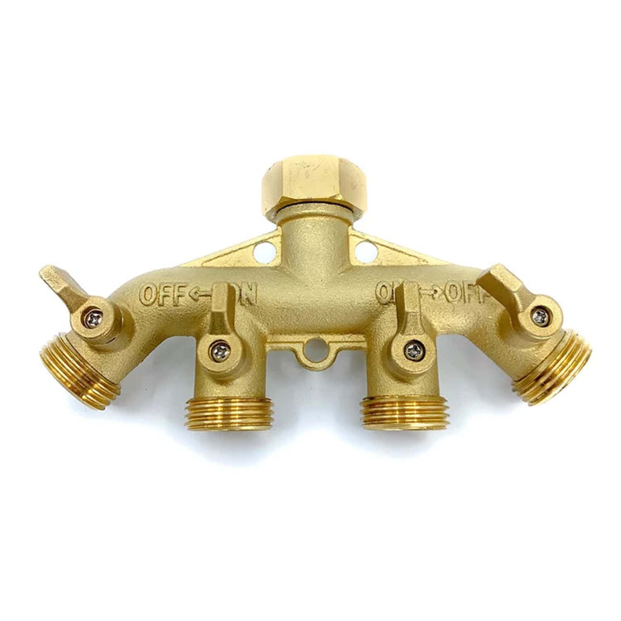 Fairview 4-Way Brass Garden Hose Splitter, Heavy-Duty All-Brass Construction, Easy-Attach Hex Nut, 150 PSI, -40°F to 190°F Temperature Range