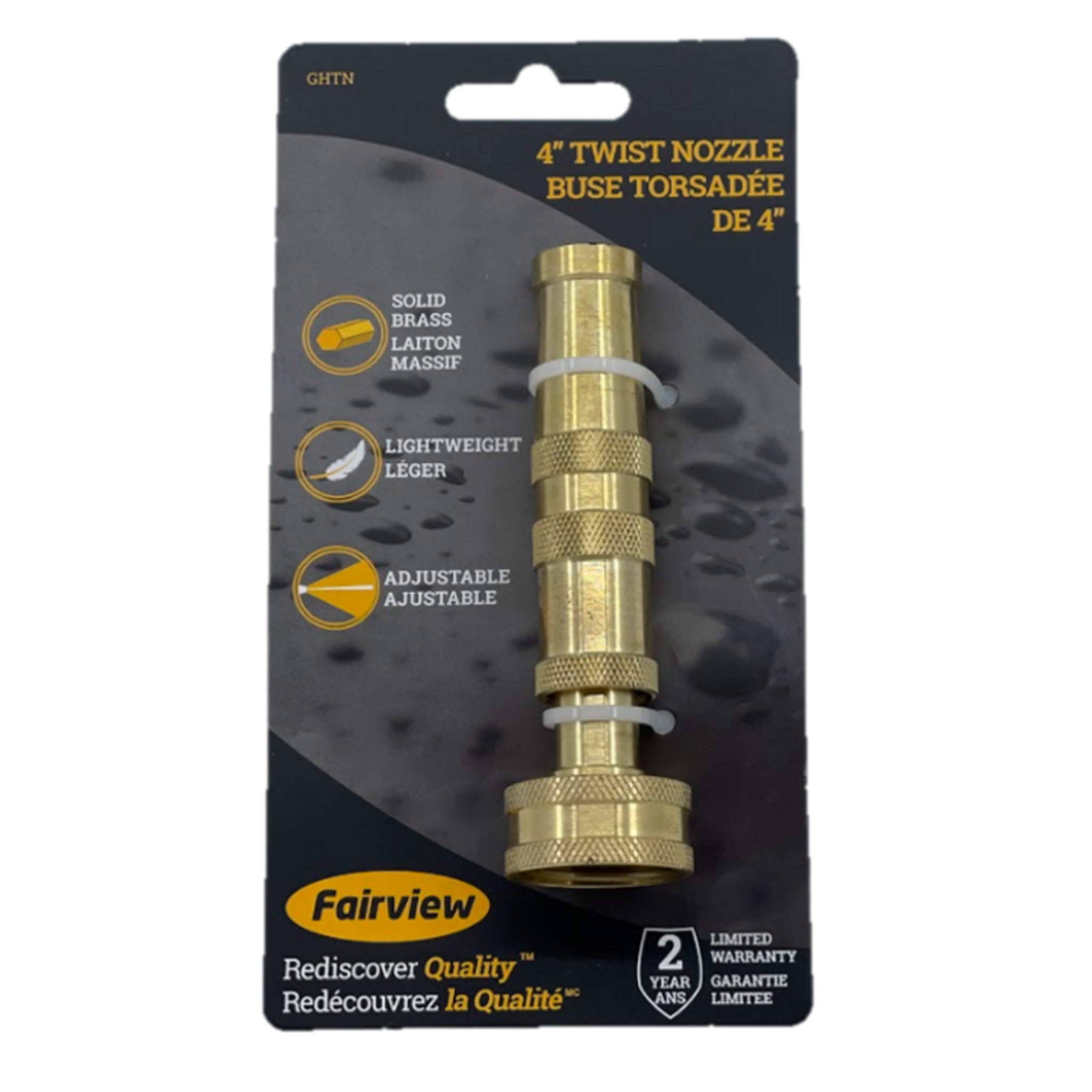 Fairview Brass Twist Garden Hose Nozzle, 4" Adjustable, Solid Brass, Diamond Grip, Optimized Spray for Efficient Watering, Durable Design