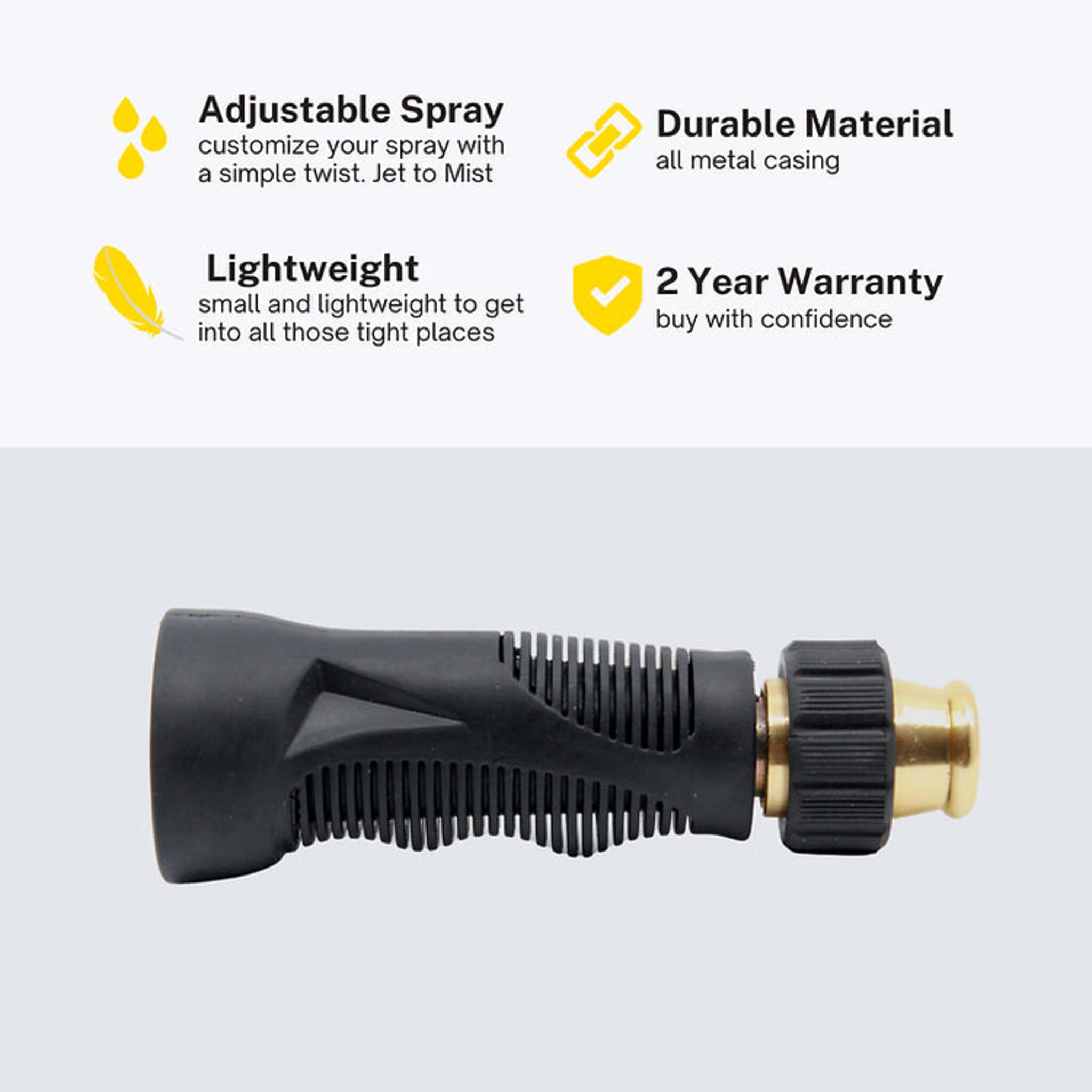 Fairview Metal Twist Garden Hose Nozzle with Molded Rubber Grip, Zinc Body, Adjustable Spray, Optimized Spray Angle for Efficient Water Flow