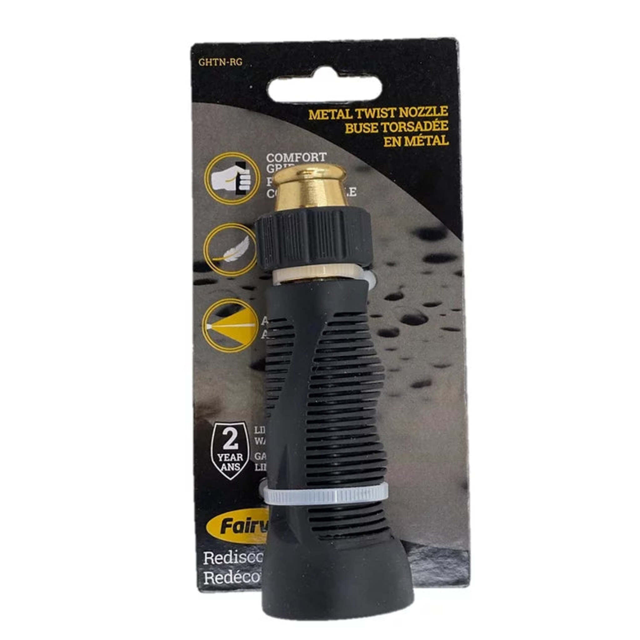 Fairview Metal Twist Garden Hose Nozzle with Molded Rubber Grip, Zinc Body, Adjustable Spray, Optimized Spray Angle for Efficient Water Flow