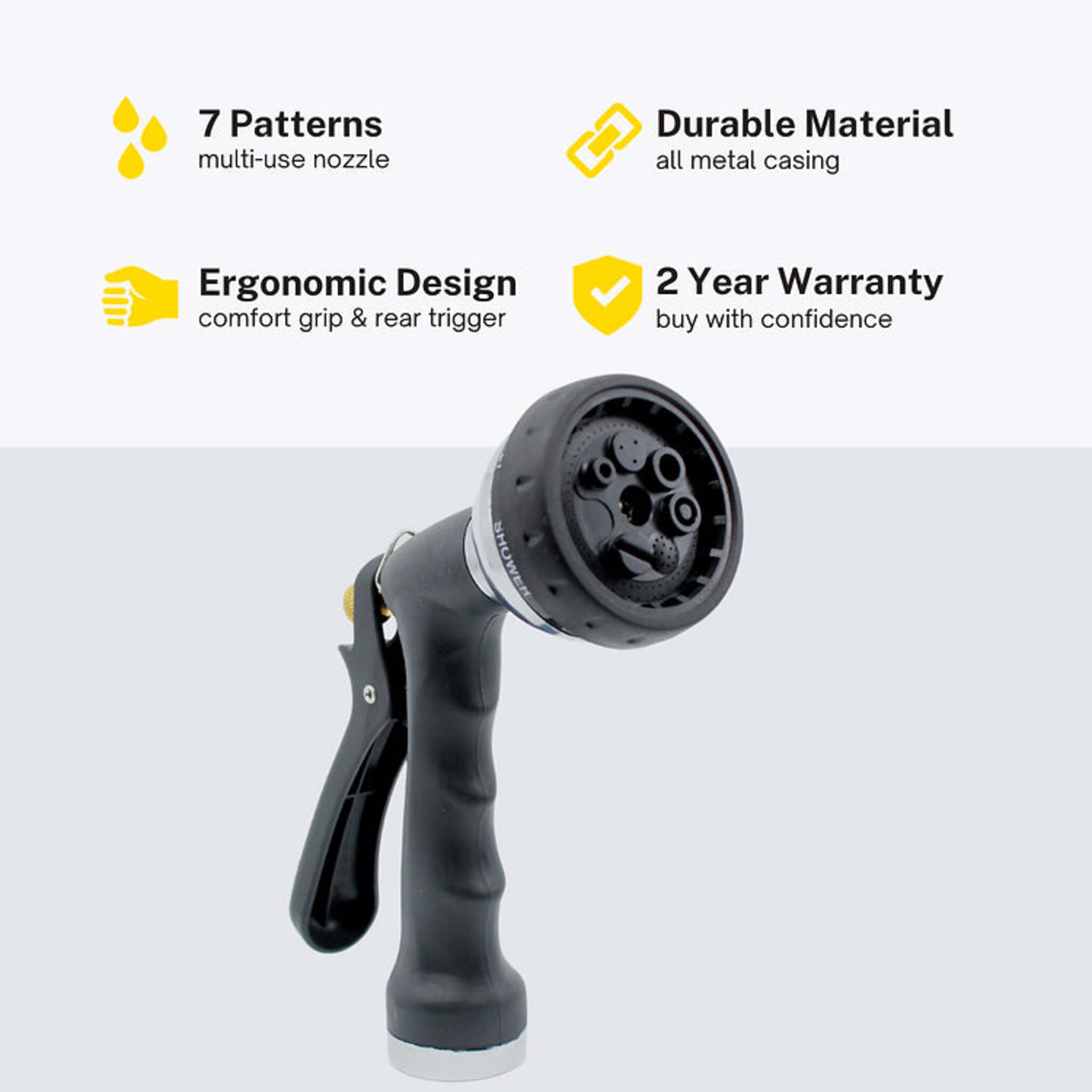 Fairview 7-Pattern Garden Hose Nozzle with Ergonomic Molded Rubber Grip, Adjustable Spray, Metal Nut, Built-In Trigger Lock, Versatile Watering Tool