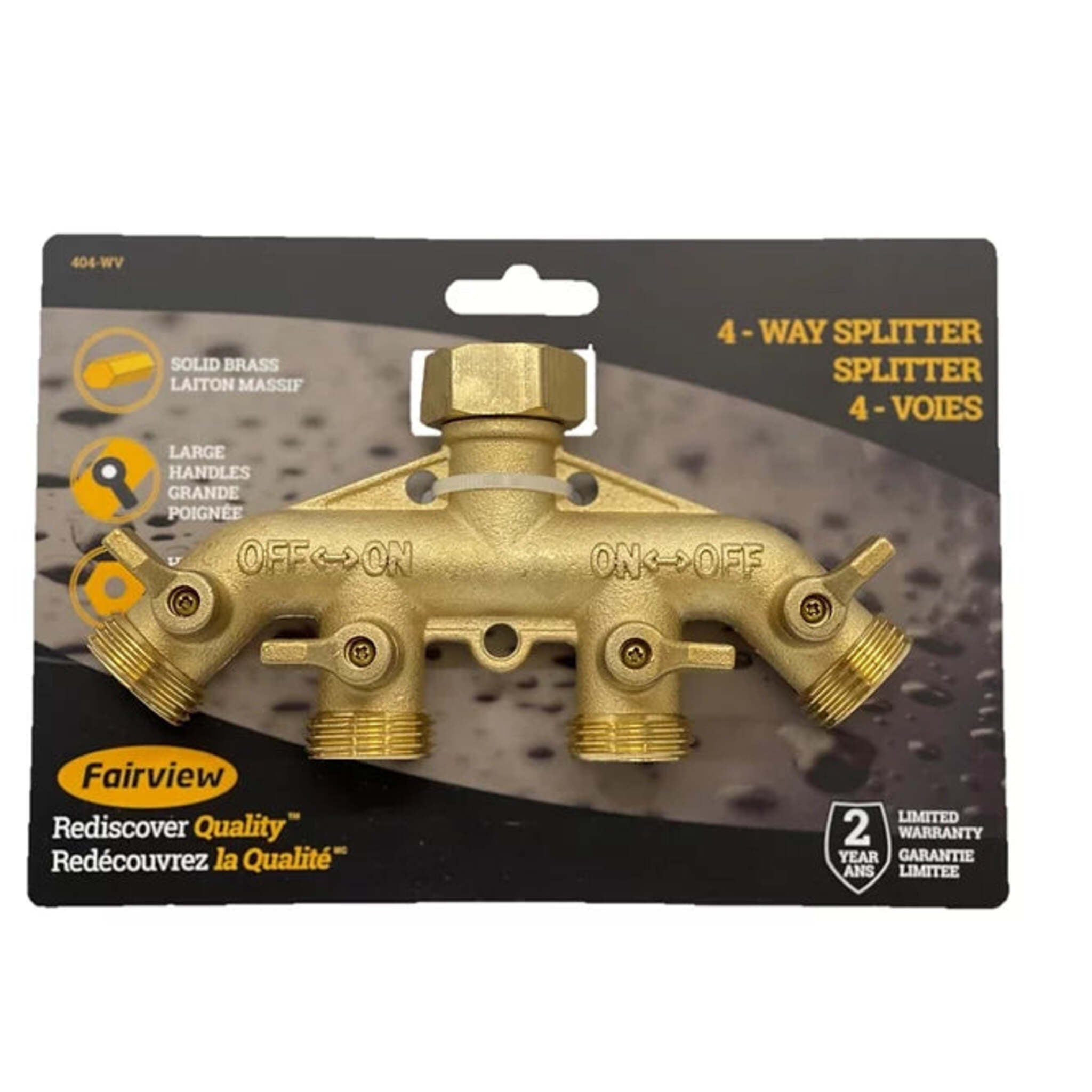 Fairview 4-Way Brass Garden Hose Splitter, Heavy-Duty All-Brass Construction, Easy-Attach Hex Nut, 150 PSI, -40°F to 190°F Temperature Range