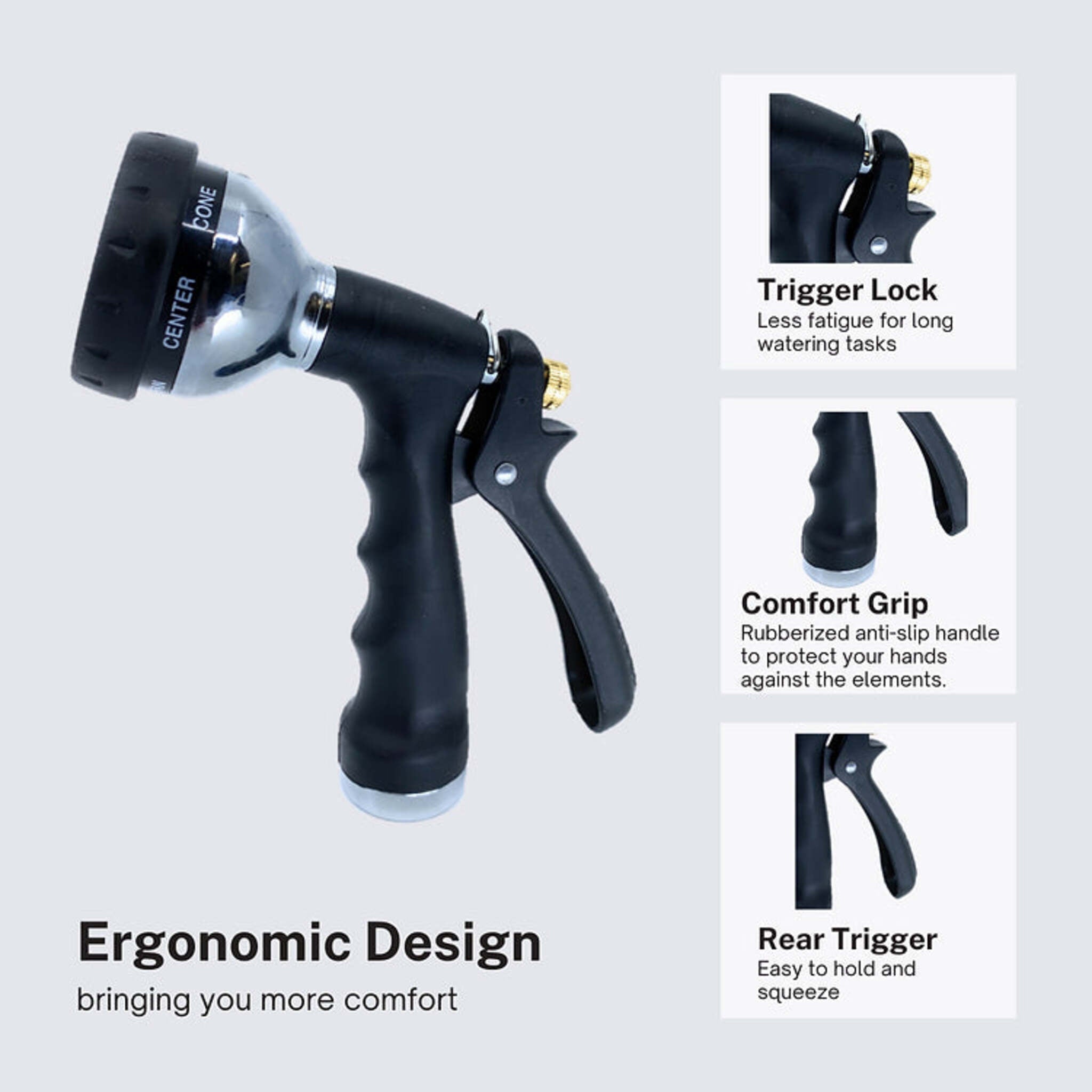 Fairview 7-Pattern Garden Hose Nozzle with Ergonomic Molded Rubber Grip, Adjustable Spray, Metal Nut, Built-In Trigger Lock, Versatile Watering Tool