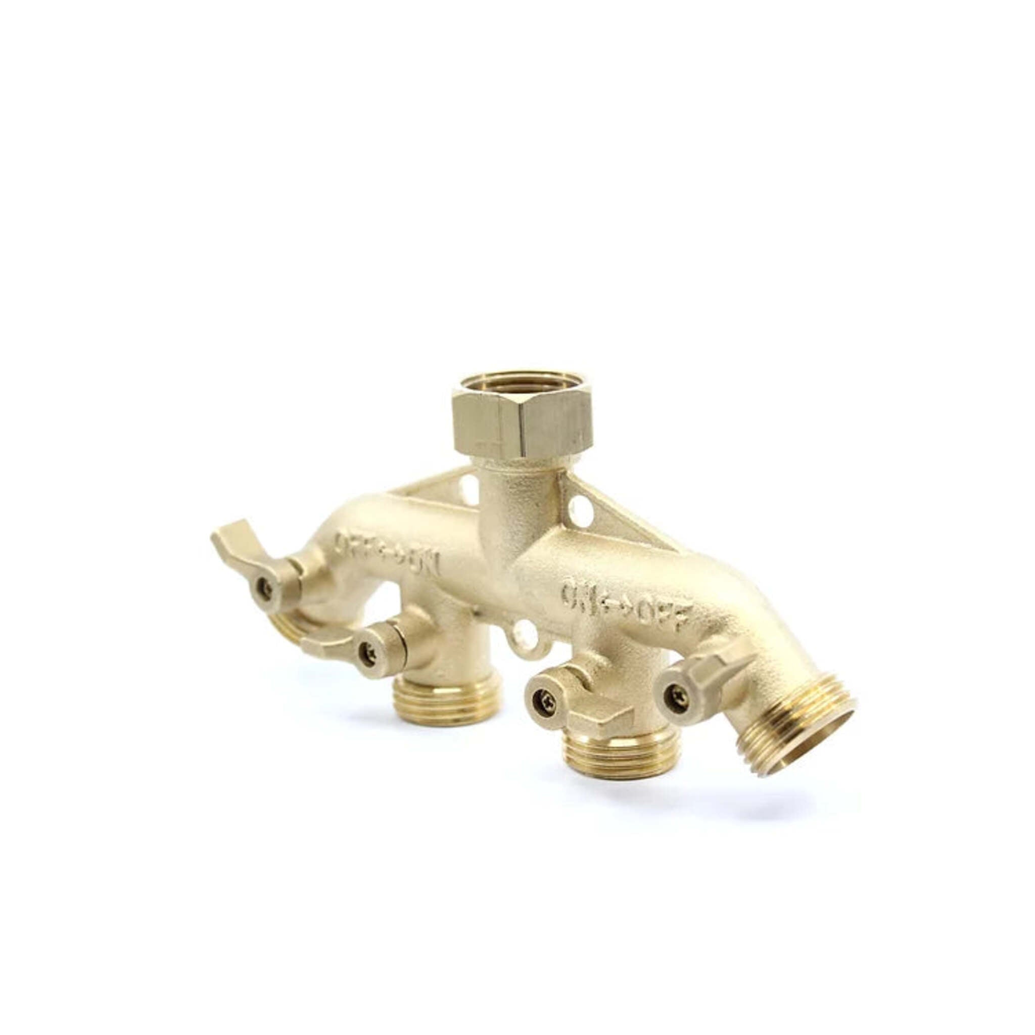 Fairview 4-Way Brass Garden Hose Splitter, Heavy-Duty All-Brass Construction, Easy-Attach Hex Nut, 150 PSI, -40°F to 190°F Temperature Range