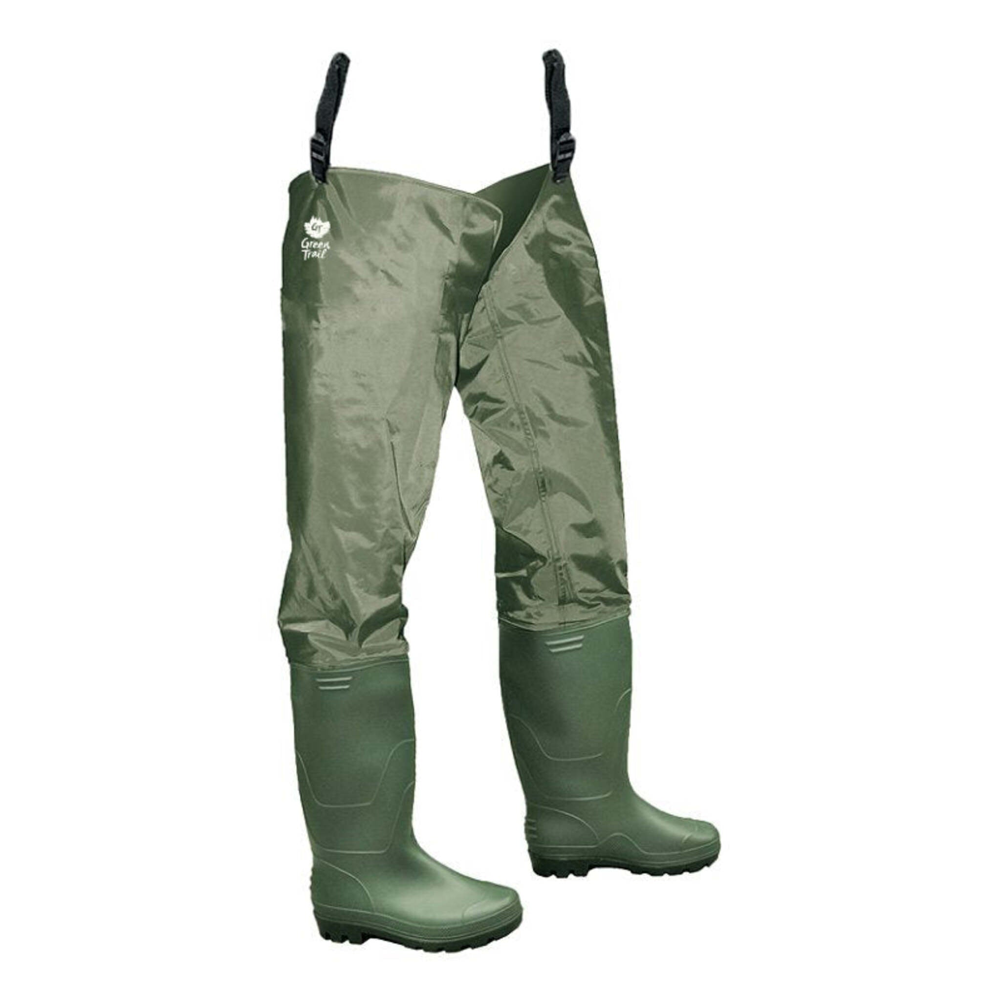 Green Trail Men's Waterproof Hip Waders - Durable PVC/Nylon with Cleated Sole for Fishing Adventures, Comfortable & Flexible Design | Sizes 6-13