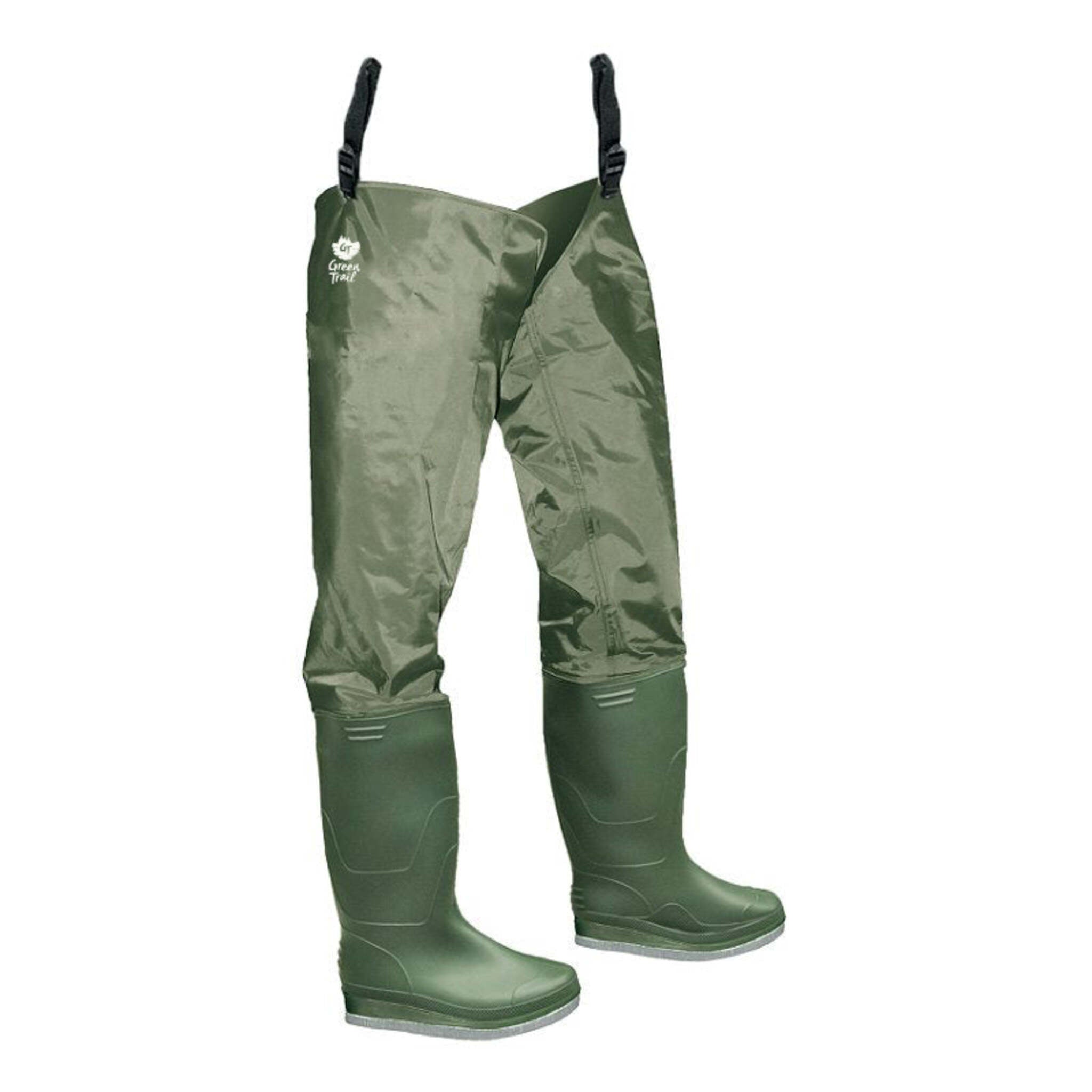 Green Trail Men's Waterproof Hip Waders - Durable PVC/Nylon with Felt Sole for Fishing, Comfortable Fit, Excellent Traction | Sizes 6-13