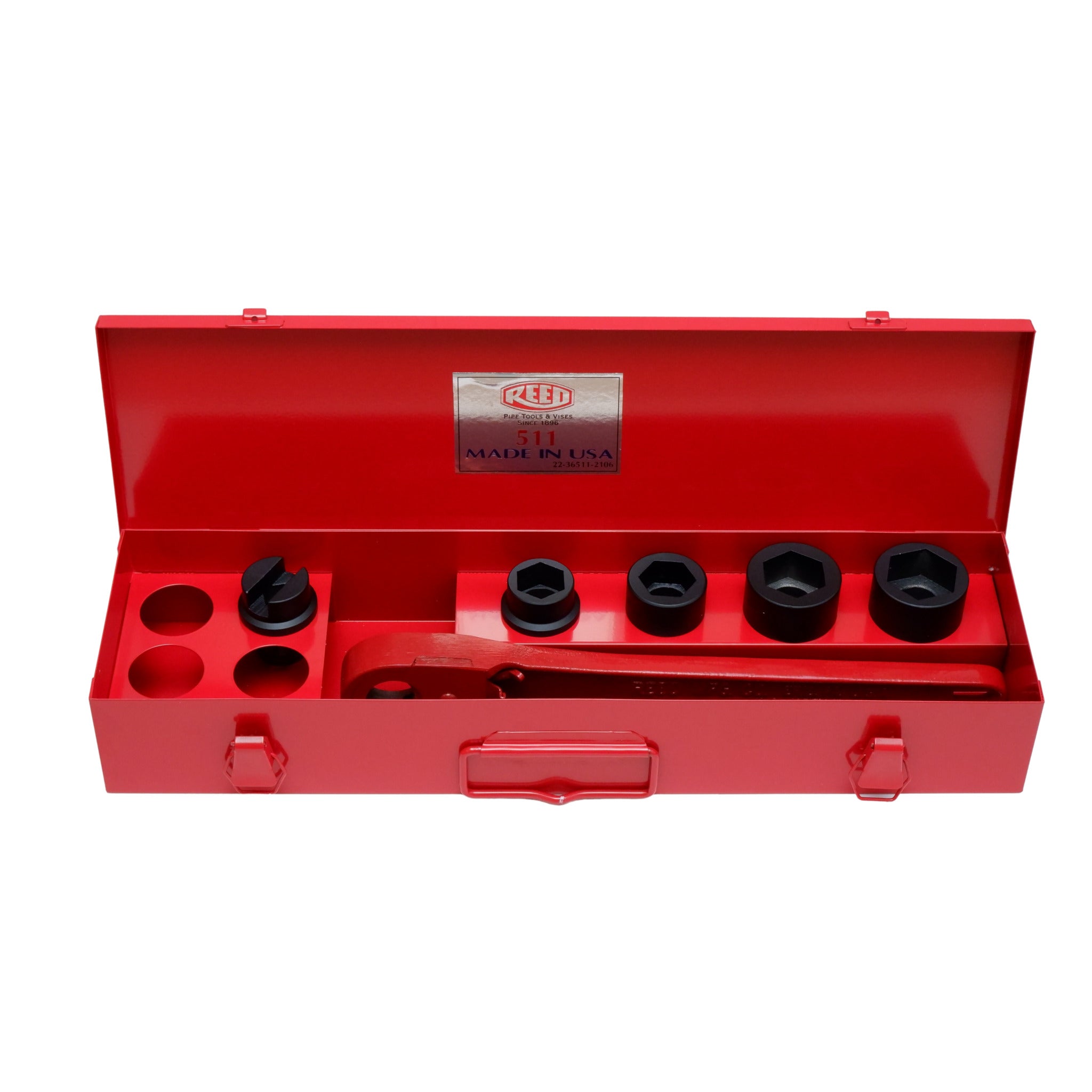 Reed L511 Thru-Bolt Standard Utility Socket Set | 4 Sockets: 7/8", 15/16", 1-1/8", 1-1/4" | Durable Ratchet Handle for Waterworks, Saddles + Flanges