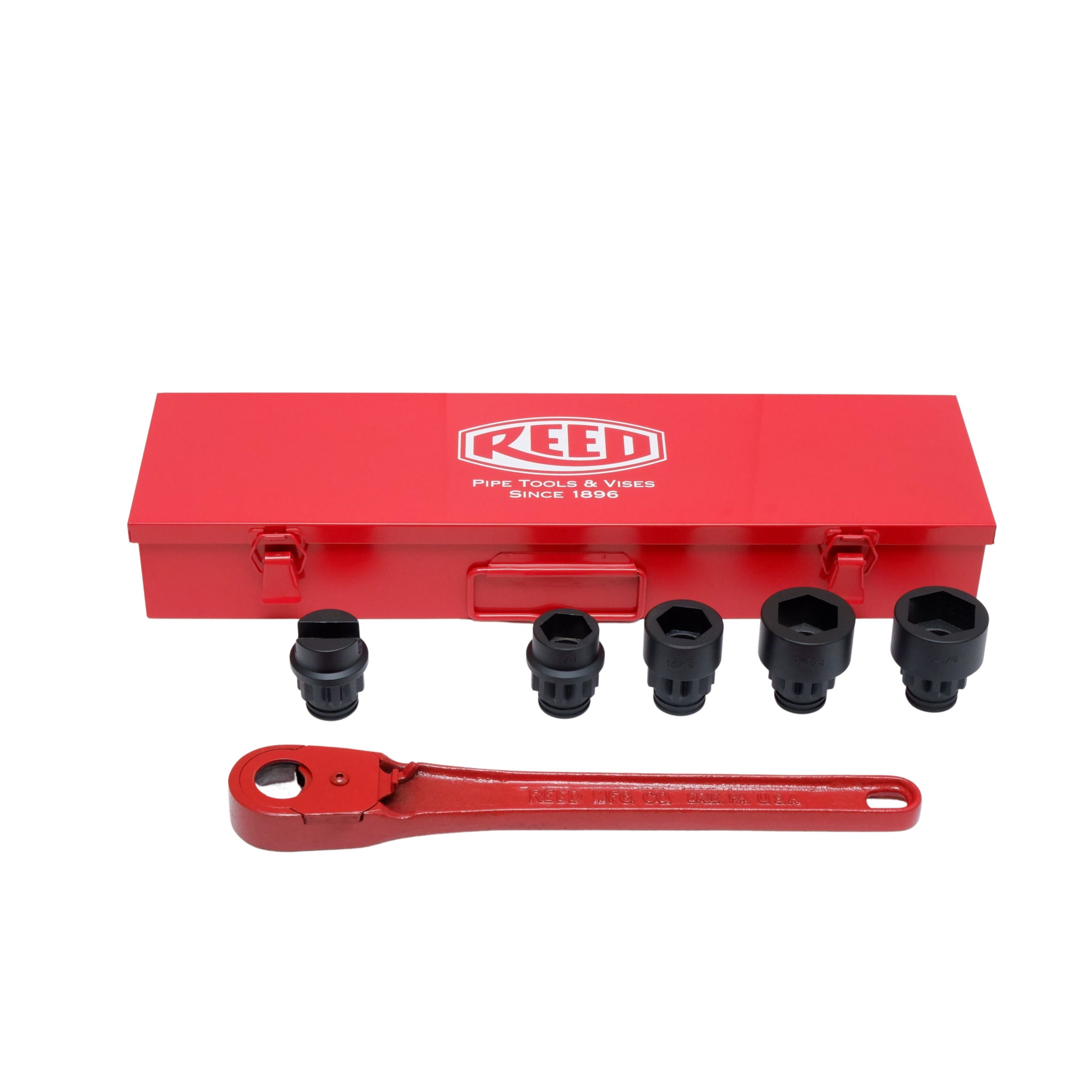 Reed L511 Thru-Bolt Standard Utility Socket Set | 4 Sockets: 7/8", 15/16", 1-1/8", 1-1/4" | Durable Ratchet Handle for Waterworks, Saddles + Flanges