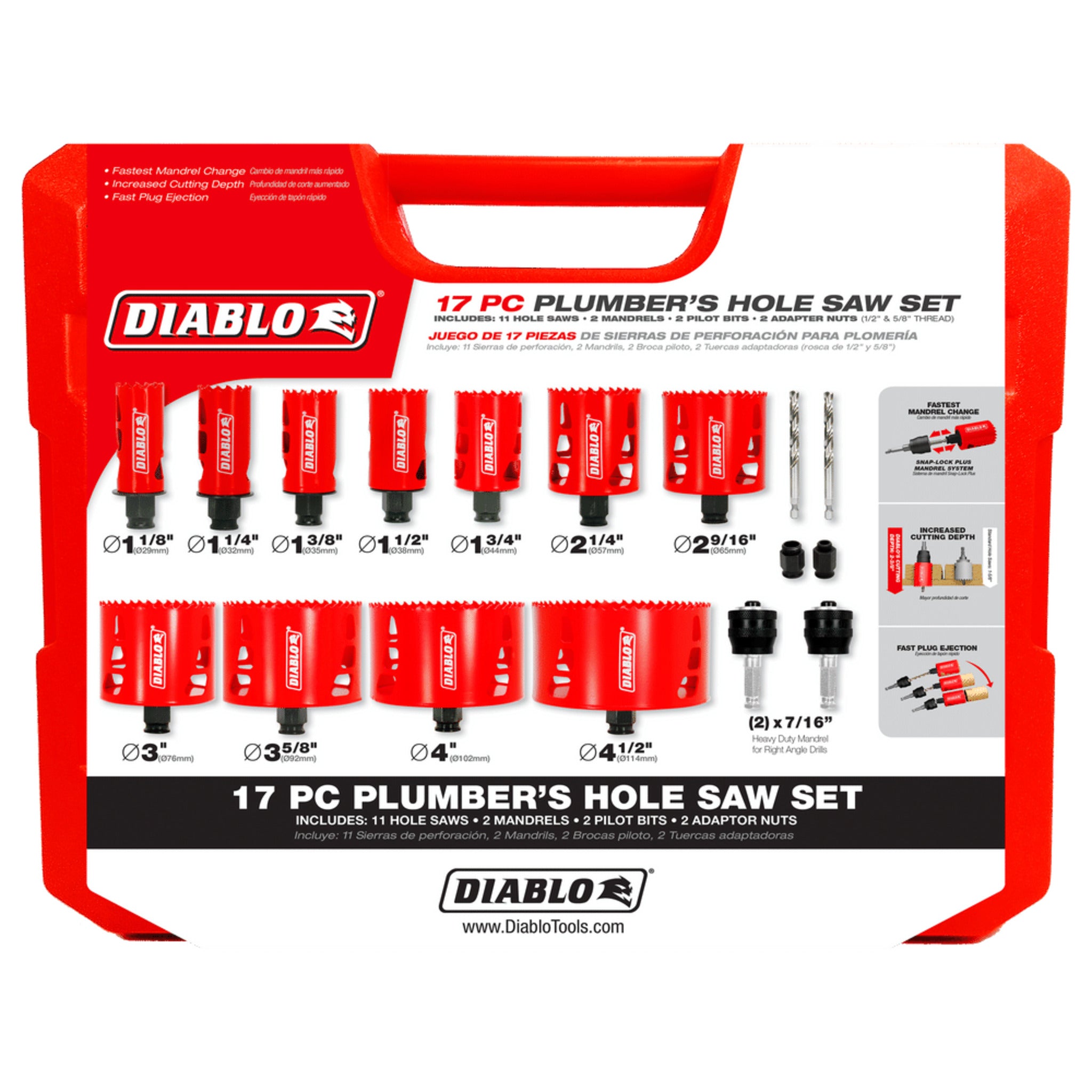 Diablo DHS17SPL 17-Piece Plumber's Bi-Metal Hole Saw Set - Advanced SnapLock Plus Mandrel System, Deep 60mm Cuts, Versatile Sizes 5/8” to 6