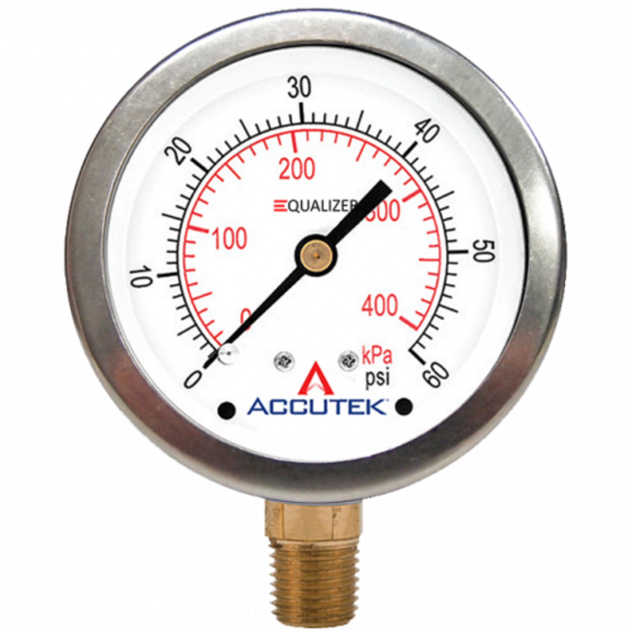 Accutek EQUALIZER® Stainless Steel Vibration Dampening Dry Gauge, 1/4" Brass Bottom Mount, Robust Design for Industrial Use, Precision Measurement