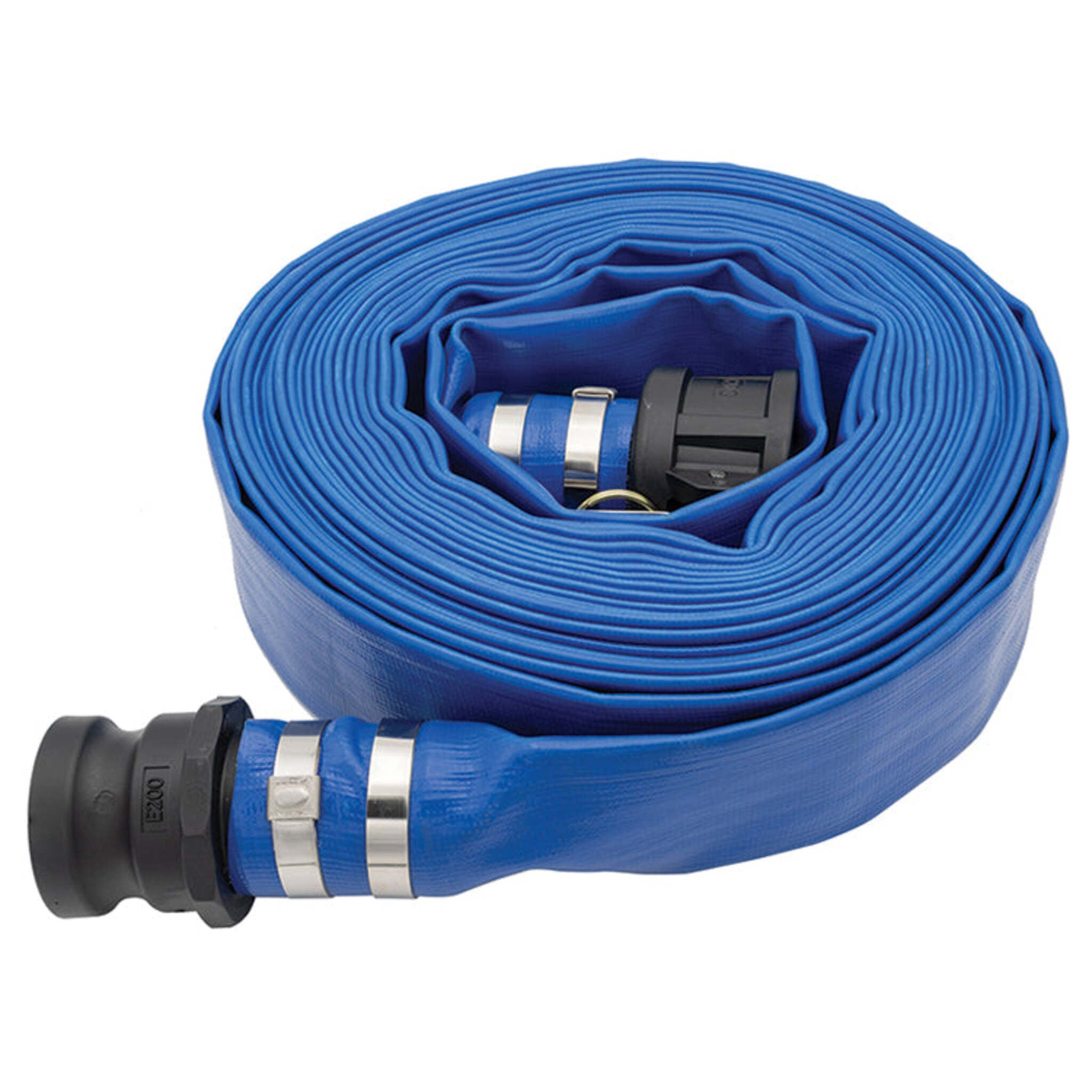 Blue PVC Layflat Discharge Hose Assemblies (w/ Polypropylene Camlocks) - Lightweight, Durable, Ideal for Irrigation, Construction, Flood Protection