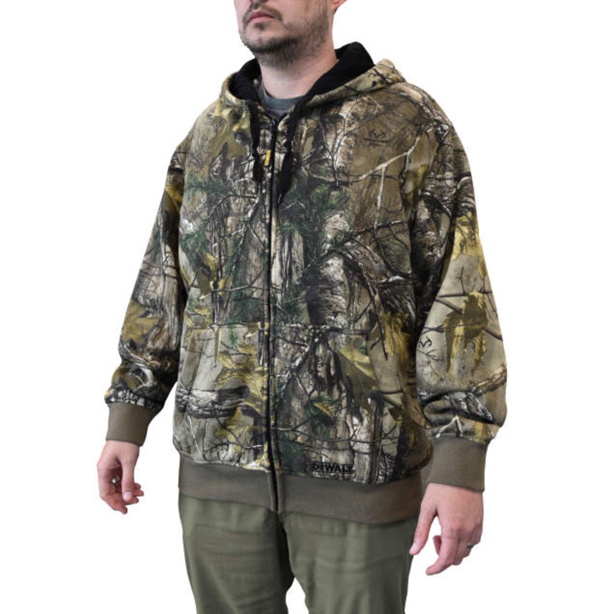 DEWALT® Men's Heated Realtree Xtra® Camouflage Hoodie with Battery – 3 Heating Zones, Thermal Waffle Knit Lining, Wind Resistant | Sizes S-3XL