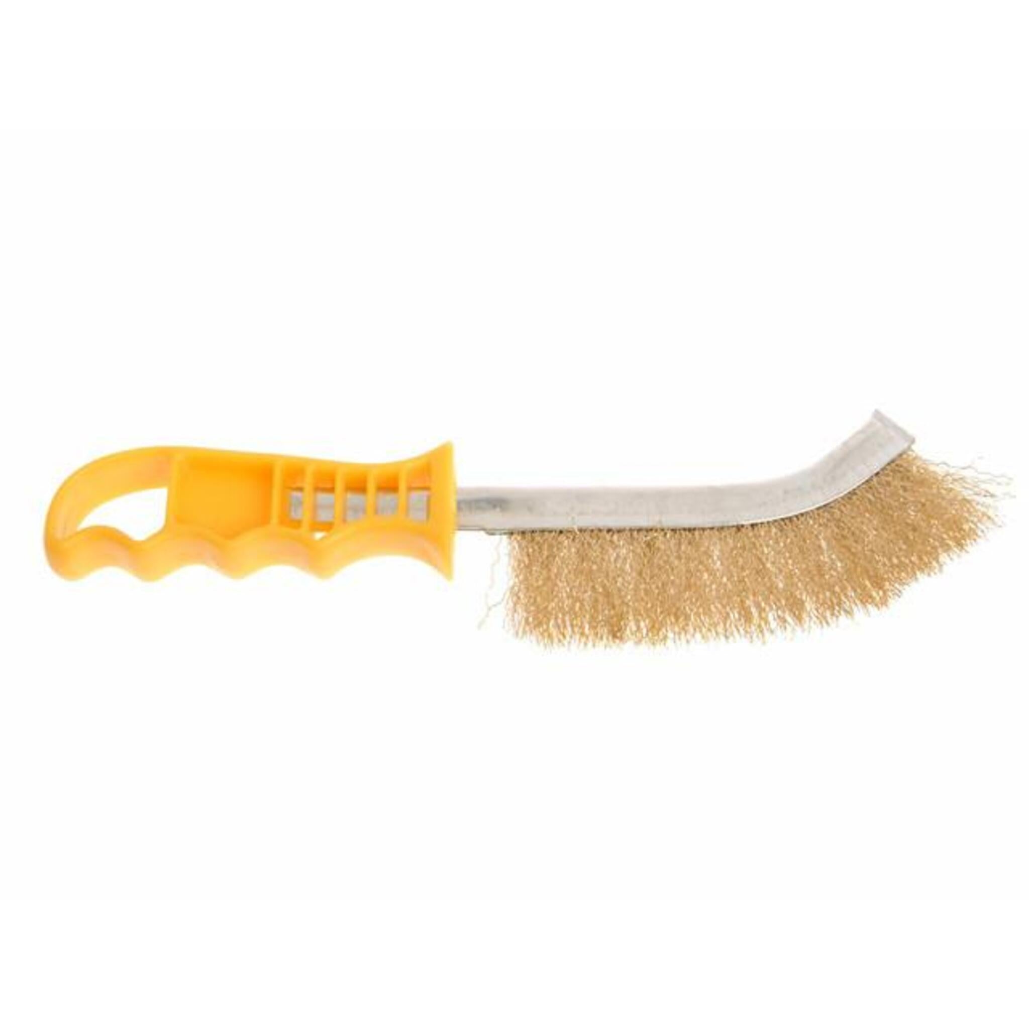 Heavy Duty Wire Scratch Brush, Yellow Plastic Handle, Brass Coated Steel Bristles Shop Equipment - Cleanflow