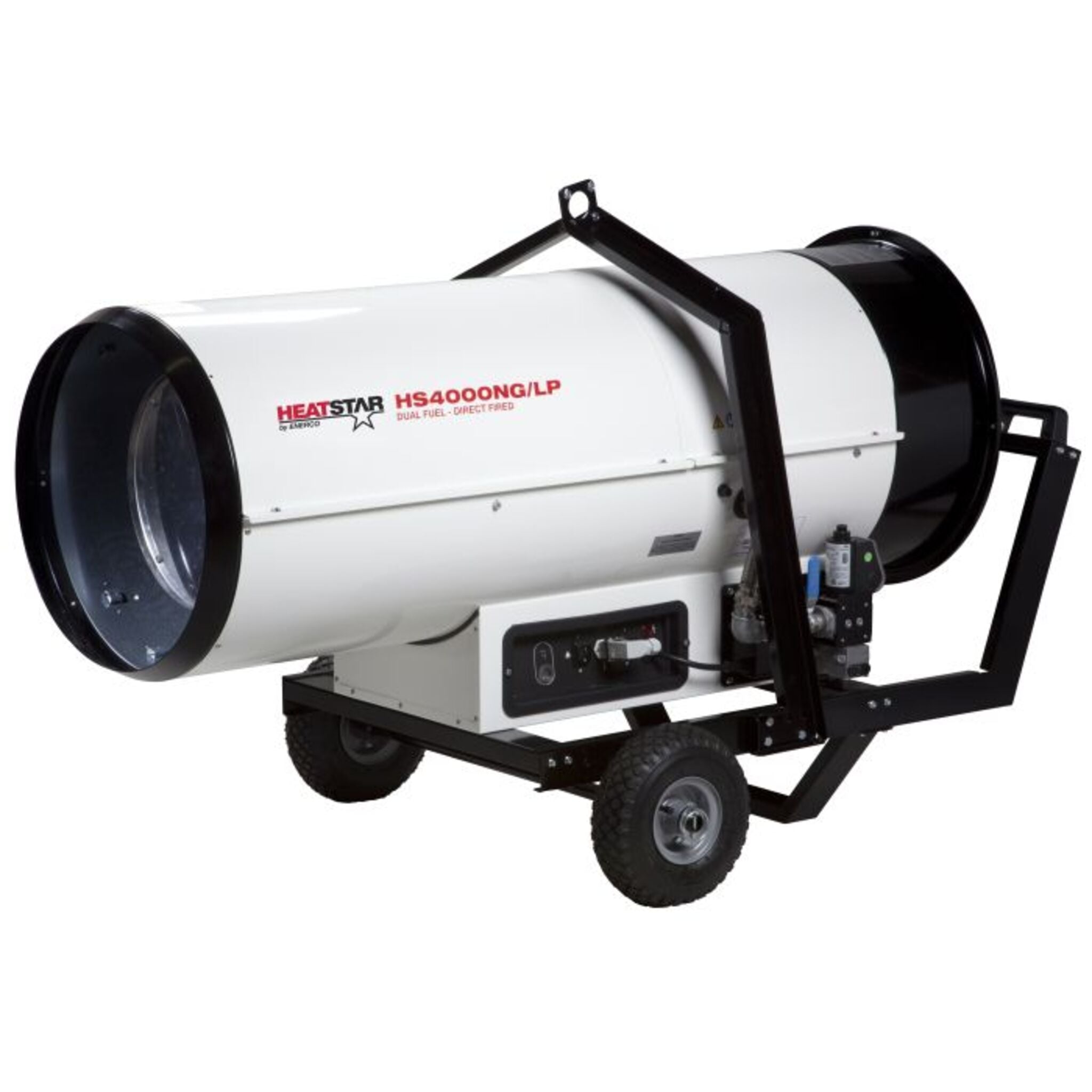 Heatstar HS4000NG/LP Industrial Heater | Dual Fuel Direct Fired, 400,000 BTU, Powerful Fan, Pneumatic Wheels, and External Thermostat Connectivity